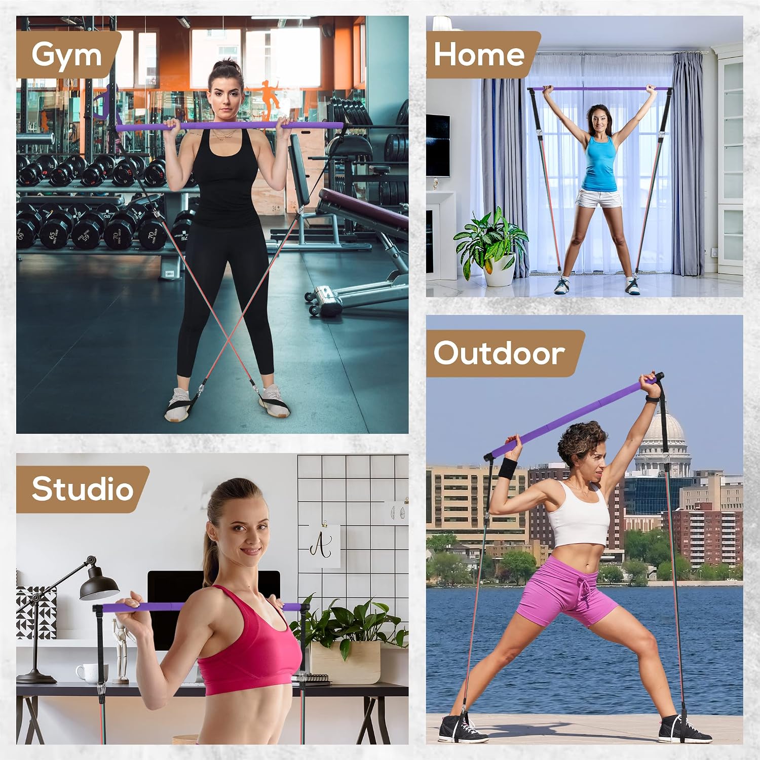 LEXIL Portable Pilates Bar Exercise Kit-Stackable 3 Pairs of Resistance Bands (15, 20, 30LB) - Home Gym Equipment for Men and Women, Workout Kit for Body Toning,with Fitness Video(Purple).