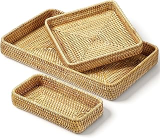 3 Pack Rattan Serving Tray, Woven Rectangular Storage Baskets, Natural W...