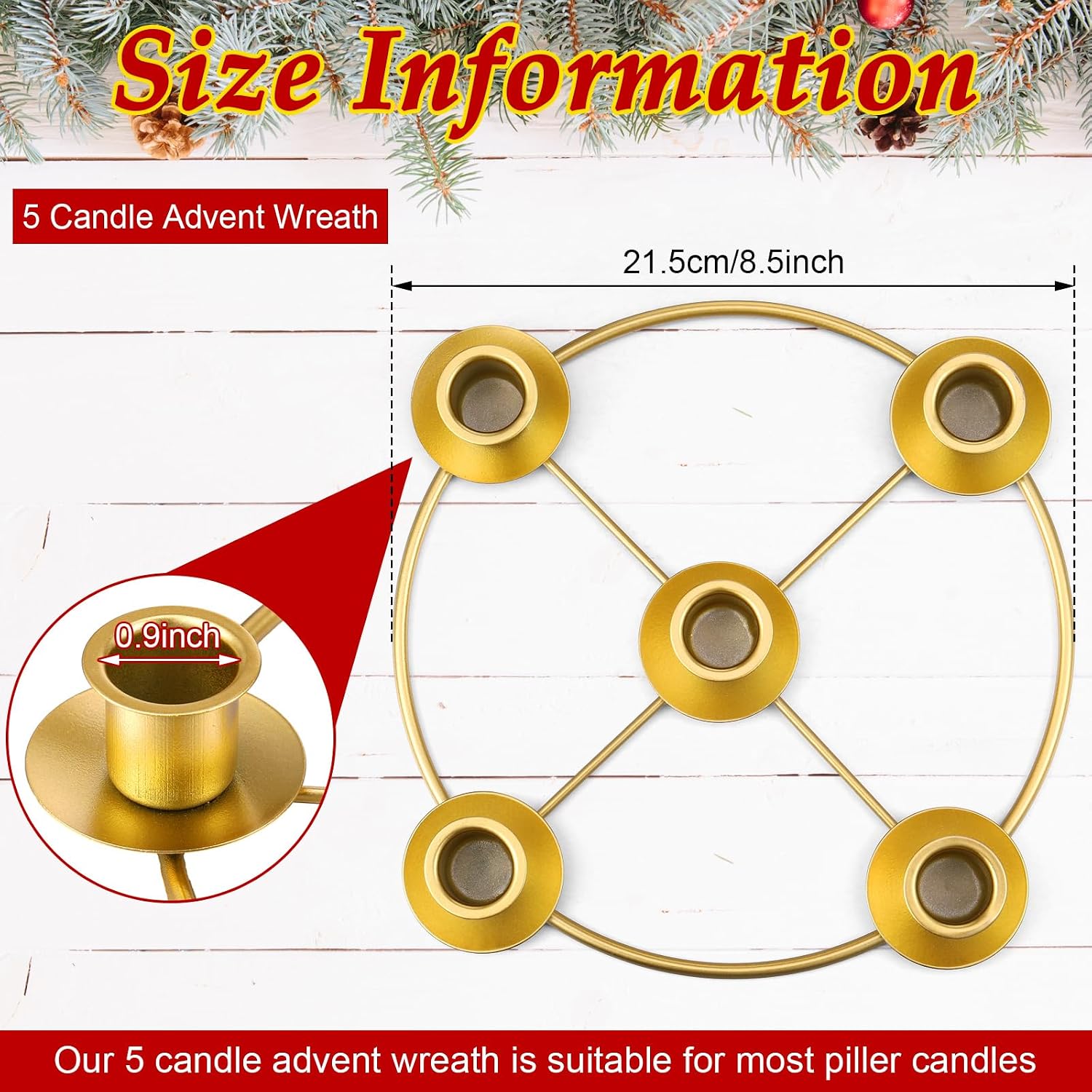 Newtay 1 Pack Christmas Advent Wreath Candle Holder, 5 Candle, Gold