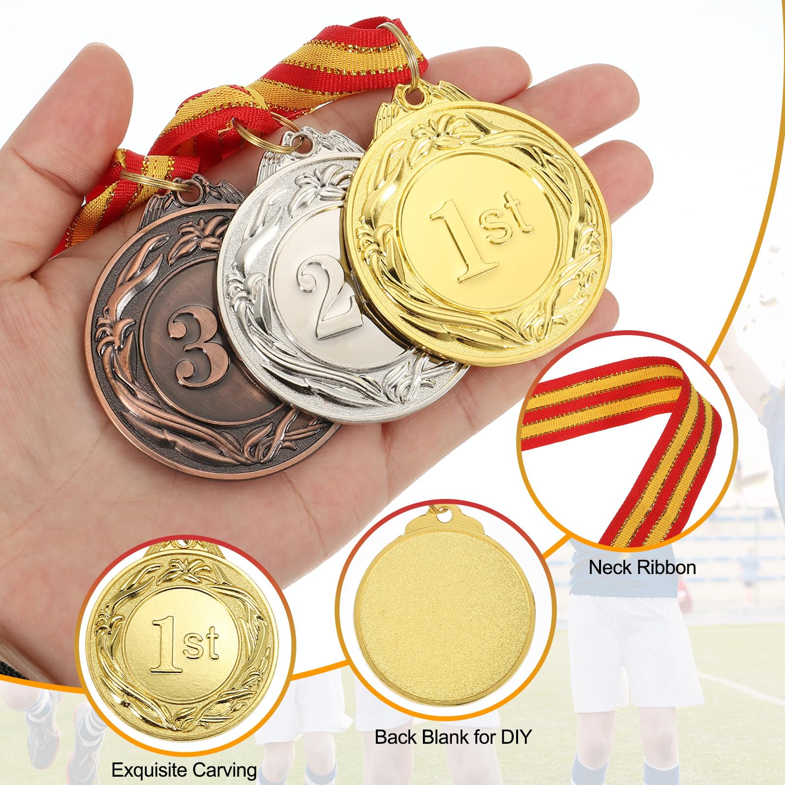 sourcing map Medaglie premio da 5 cm, medaglie d'oro in metallo per vincitori, 1° posto con nastro per collo, per giochi sportivi di squadra, competizioni, bomboniere, 48 pezzi