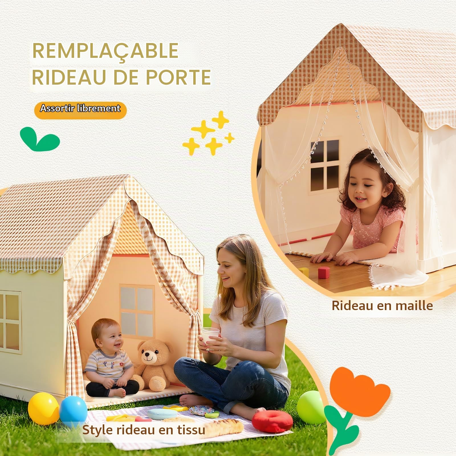 Tente de Jeu Enfant avec Rideaux Interchangeables 3-4 Enfants