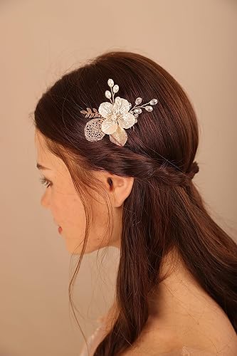 Miniatura 3 de Peine de pelo con diamantes de imitación de cristal de hoja de oro para novia, con perlas de diamantes de imitación, accesorios para el cabello de