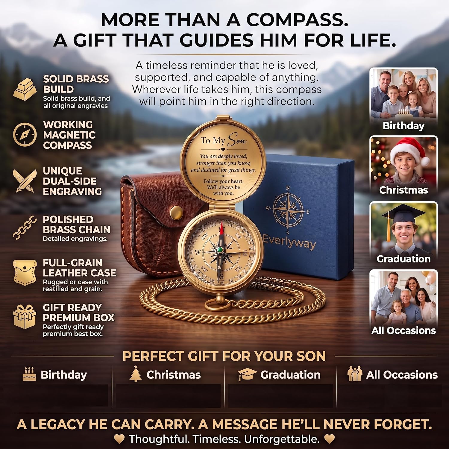 Gift for Son Personalized Message Brass Compass - from Mom and Dad, High School & College Graduation Present 2026, 18th 21st Birthday Keepsake for Boys, Baptism Confirmation Communion image 4