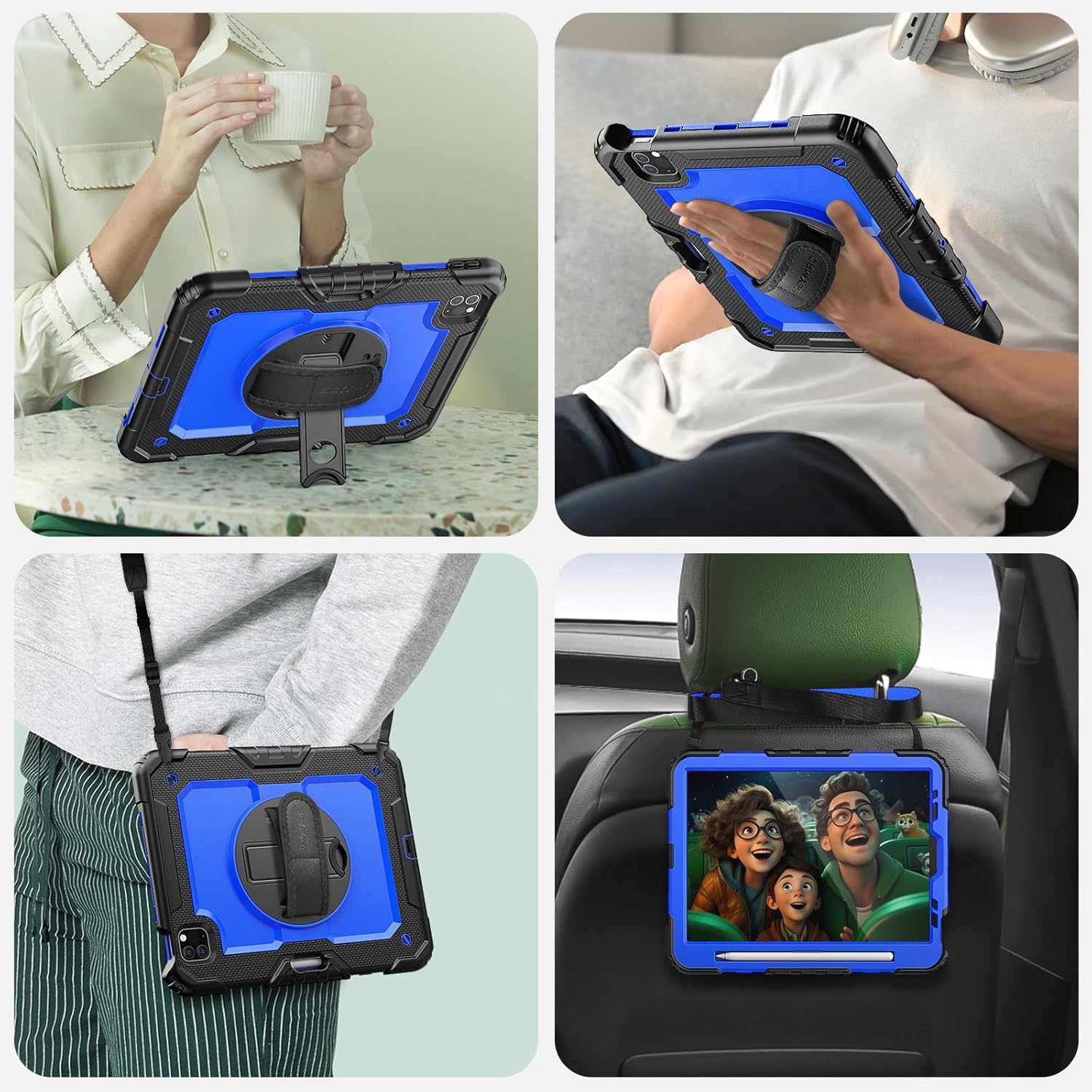 SEYMAC Case for iPad Pro 11 Case 4th/ 3rd/ 2nd/ 1st Gen (2022/2021/2020/2018), Full-Body Shockproof Protective Case with Screen Protector, 360° Rotating Stand and Hand/Shoulder Strap, Blue