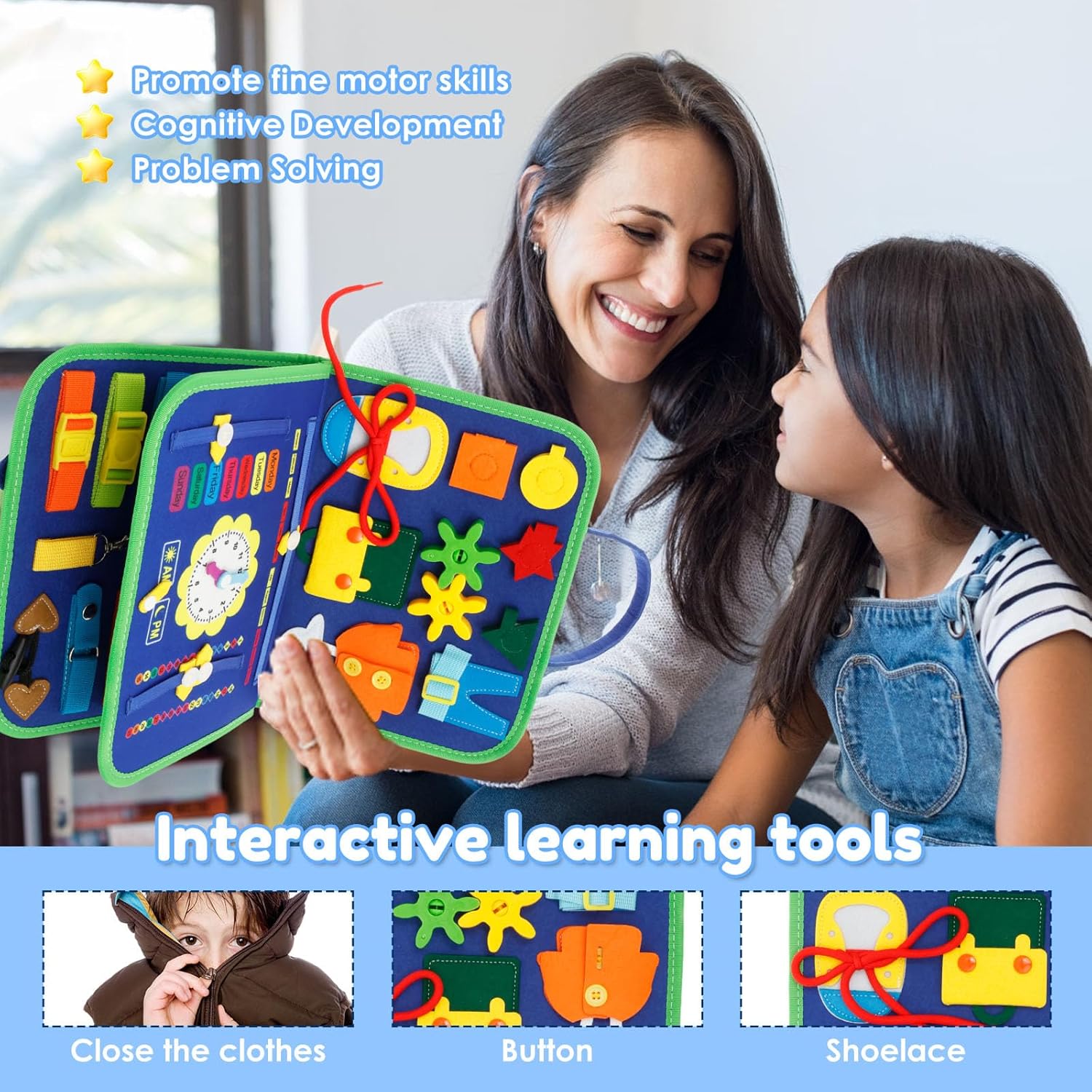 Felt Busy Board Montessori Toy for Toddlers, Educational Learning Activity Sensory Board with Zippers Buttons, Portable Travel Toy for Fine Motor Skills Development