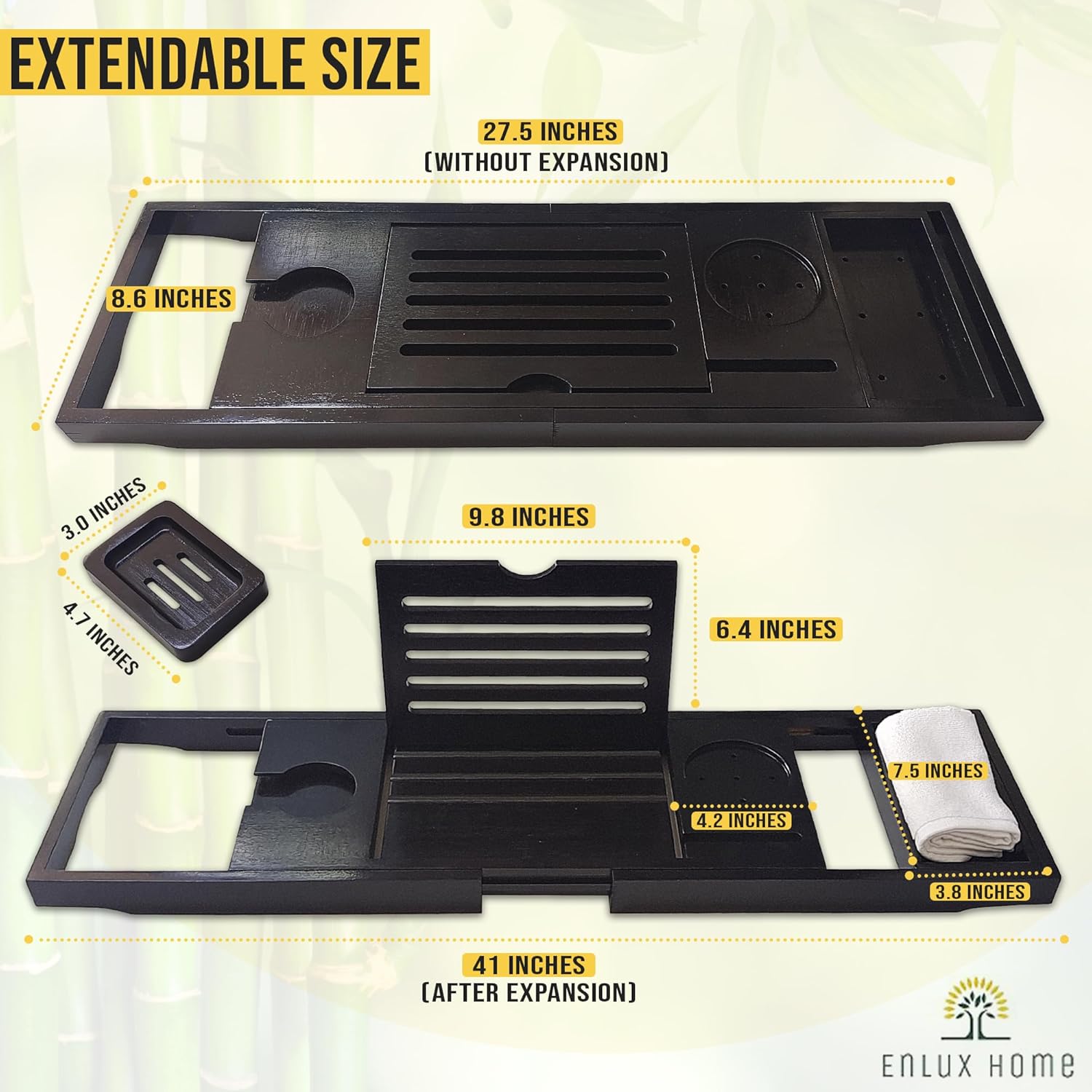Enlux Premium Bathtub Tray Caddy - Expandable Bath Tray - Unique House Warming Gifts, New Home, Anniversary & Wedding Gifts for Couple, Bridal Shower Gift for Women (Black)