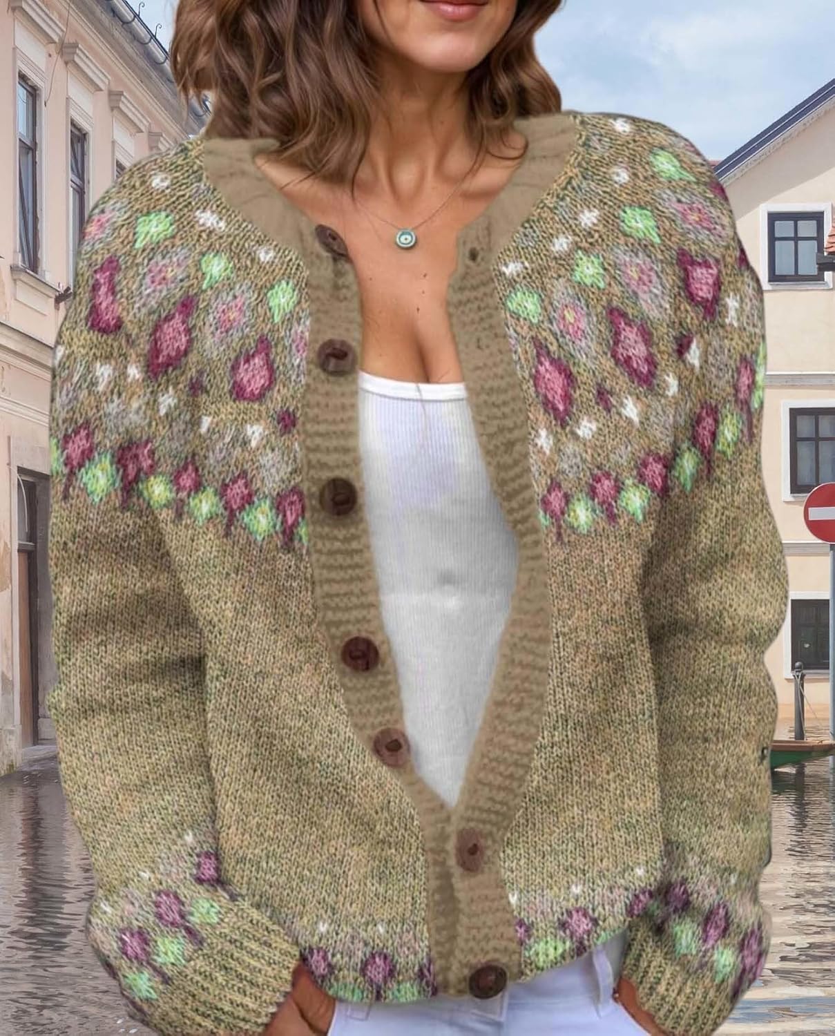 Women's Fair Isle Pattern Knit Cardigan Sweater Vintage Button Down Open Front Jacket Coat for Fall & Winter 2025 - Image 7