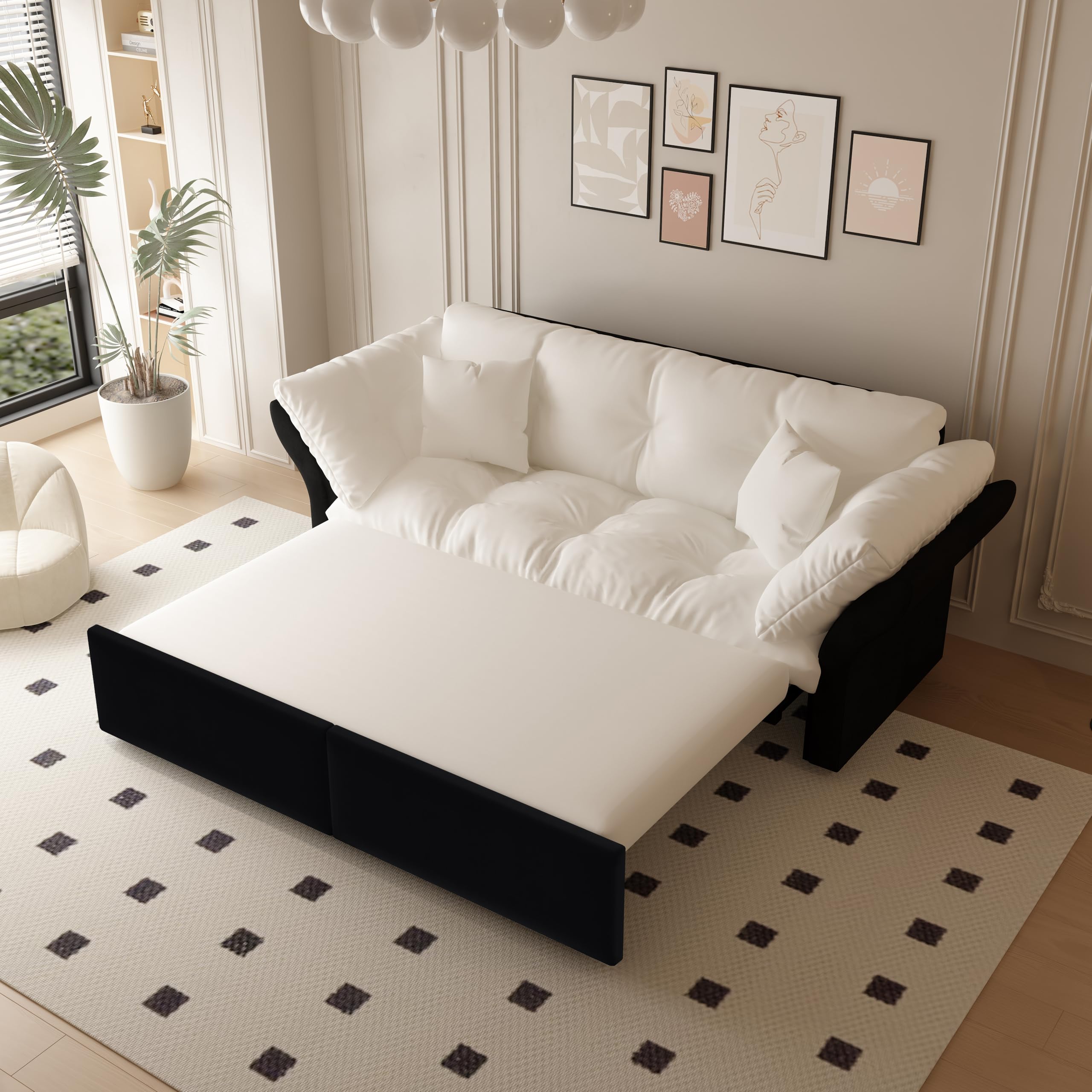 Generisch Sofa rozkładana 3 w 1 Queen Size, welurowa sofa do spania z tuftingiem i 2 miękkimi poduszkami, wielofunkcyjna sofa do salonu, sypialni, beżowa/biała