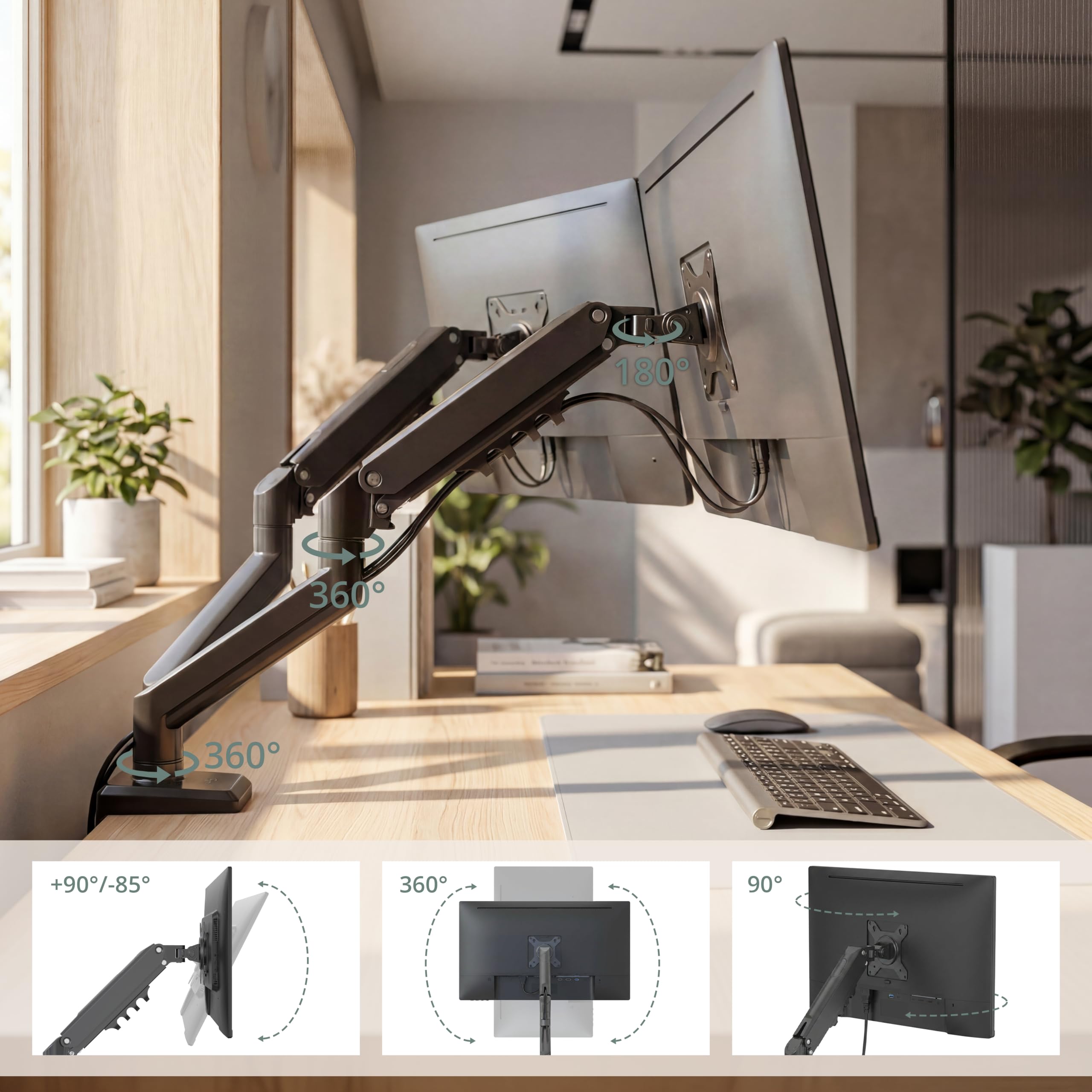 hjh OFFICE Supporto per 2 monitor da 13-32 pollici, VESA, regolabile | Braccio per monitor con portata fino a 9 kg per braccio, supporto per monitor regolabile in altezza, con morsetto da tavolo
