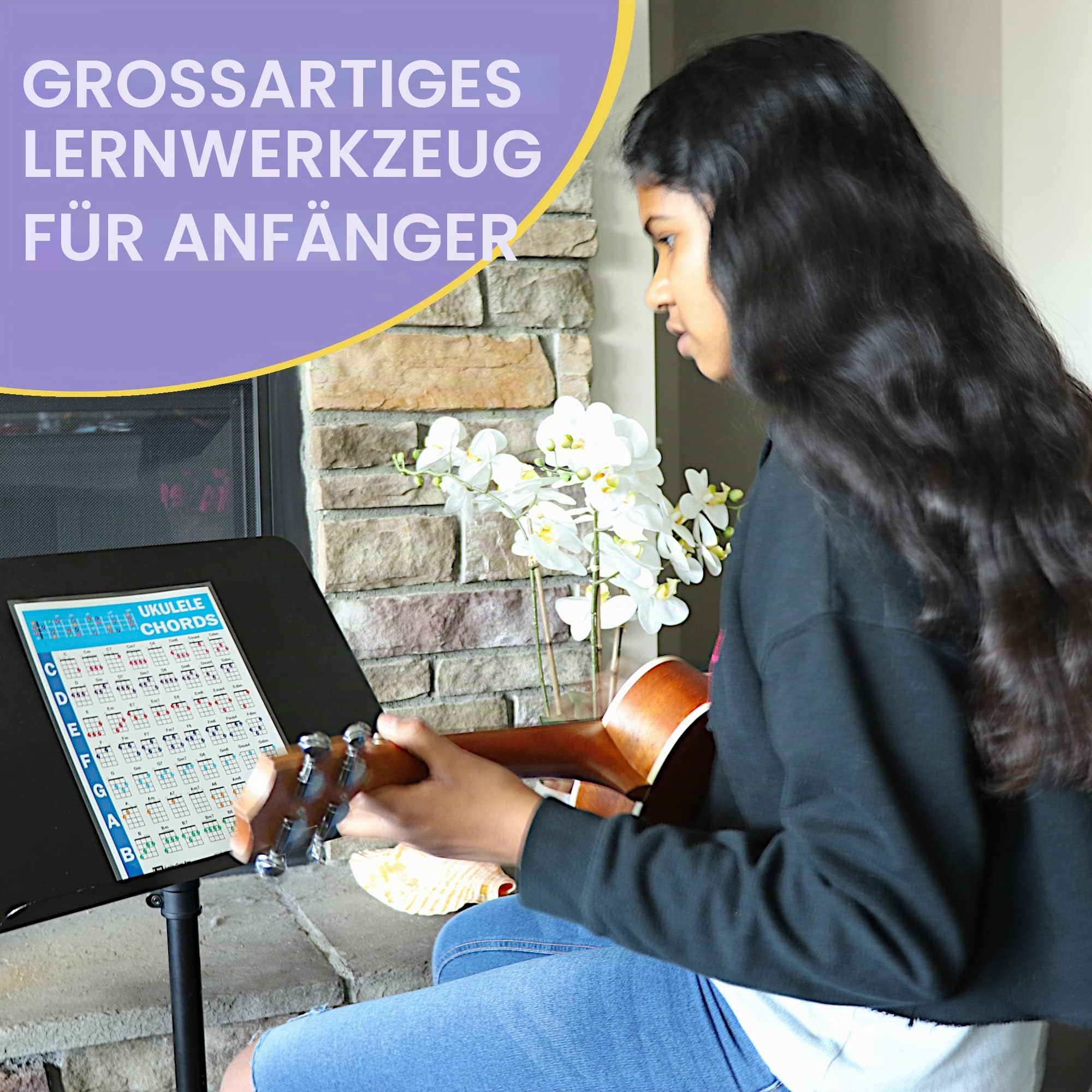 QMG Ukulele Akkorde CheatSheet - laminiertes A4 Musiktheoriediagramm mit Kreis der Fünftel für Anfänger