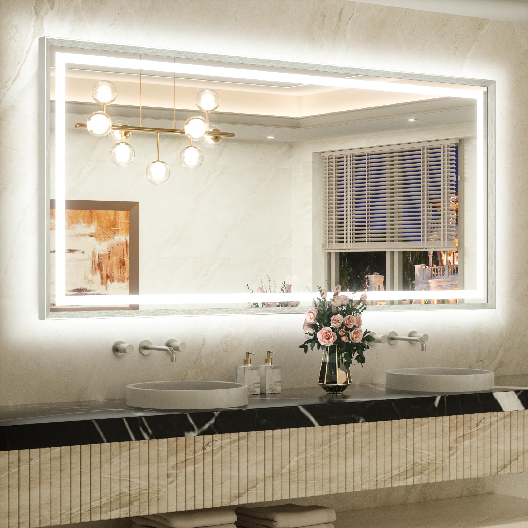 TETOTE 72 x 36 Large Bathroom Mirror Silver Metal Frame Frontlit &amp; Backlit Vanity Mirror 3 Colors White/Warm/Natural Stepless Dimmable Anti-Fog Bathroom Mirrors for Vanity