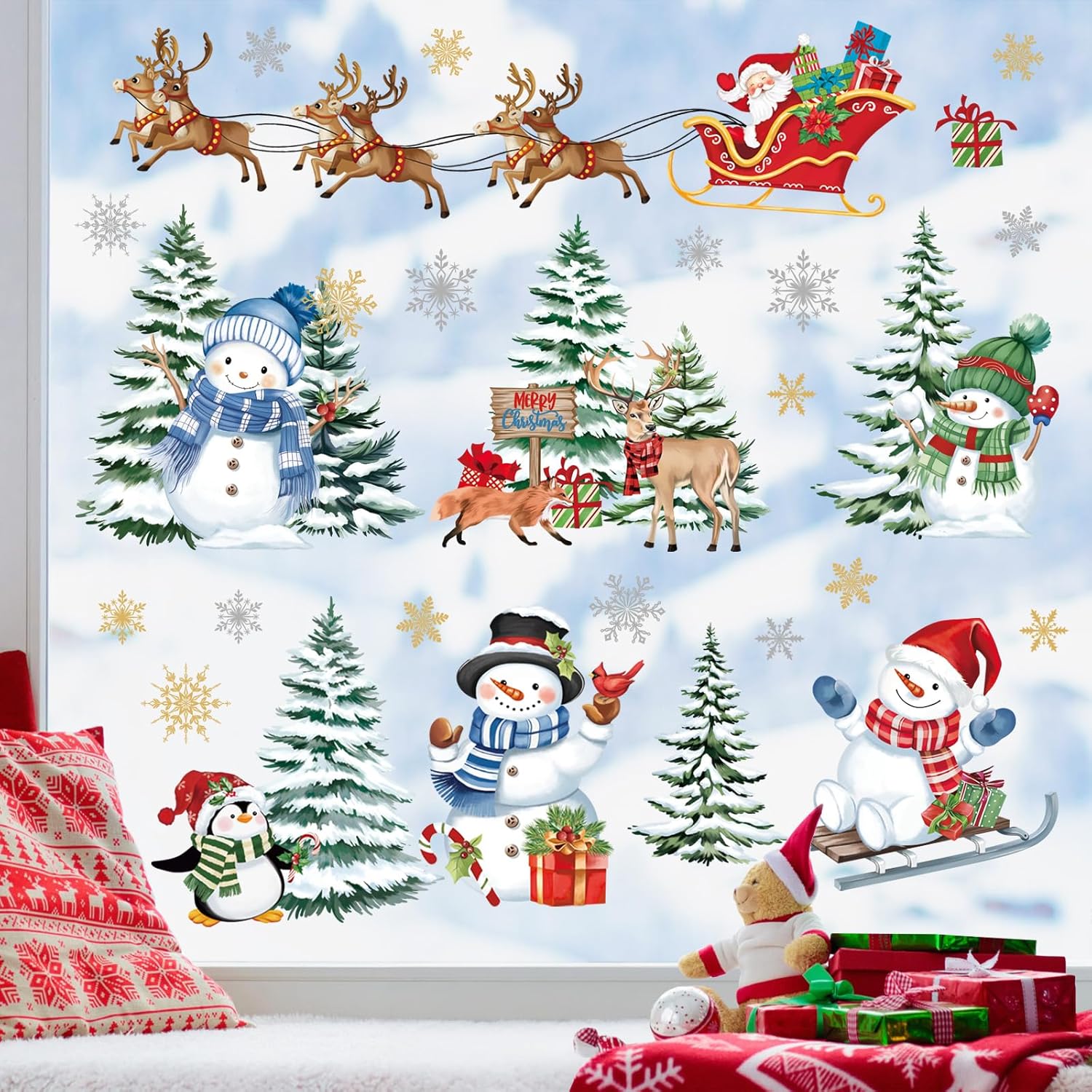 decalmile Christmas Winter Snowman Reindeer Window Clings Reusable