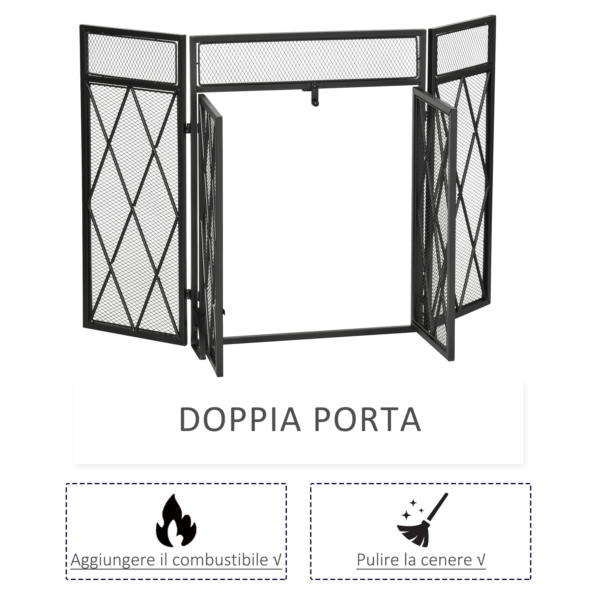 HOMCOM Parascintille per Camino in Metallo con 3 Pannelli Pieghevoli e 2 Porte, 120x11.5x79cm, Nero