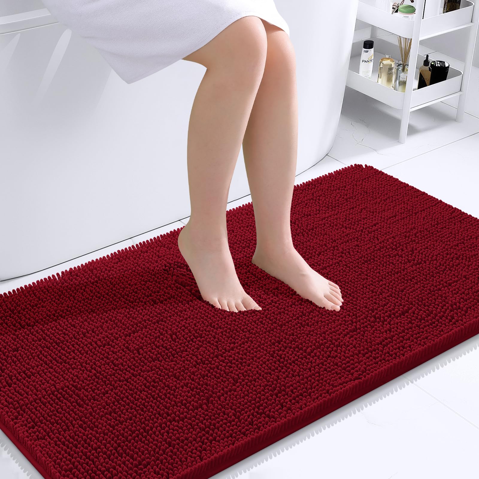 OLANLY Bathroom Runner Rugs 44x24, Extra Soft Absorbent Chenille Bath Rugs | Red, Quick-Drying Rubber Backing, Machine Washable Long Bath Mat for Bathroom Floor, Tub and Shower, Home Decor Accessories