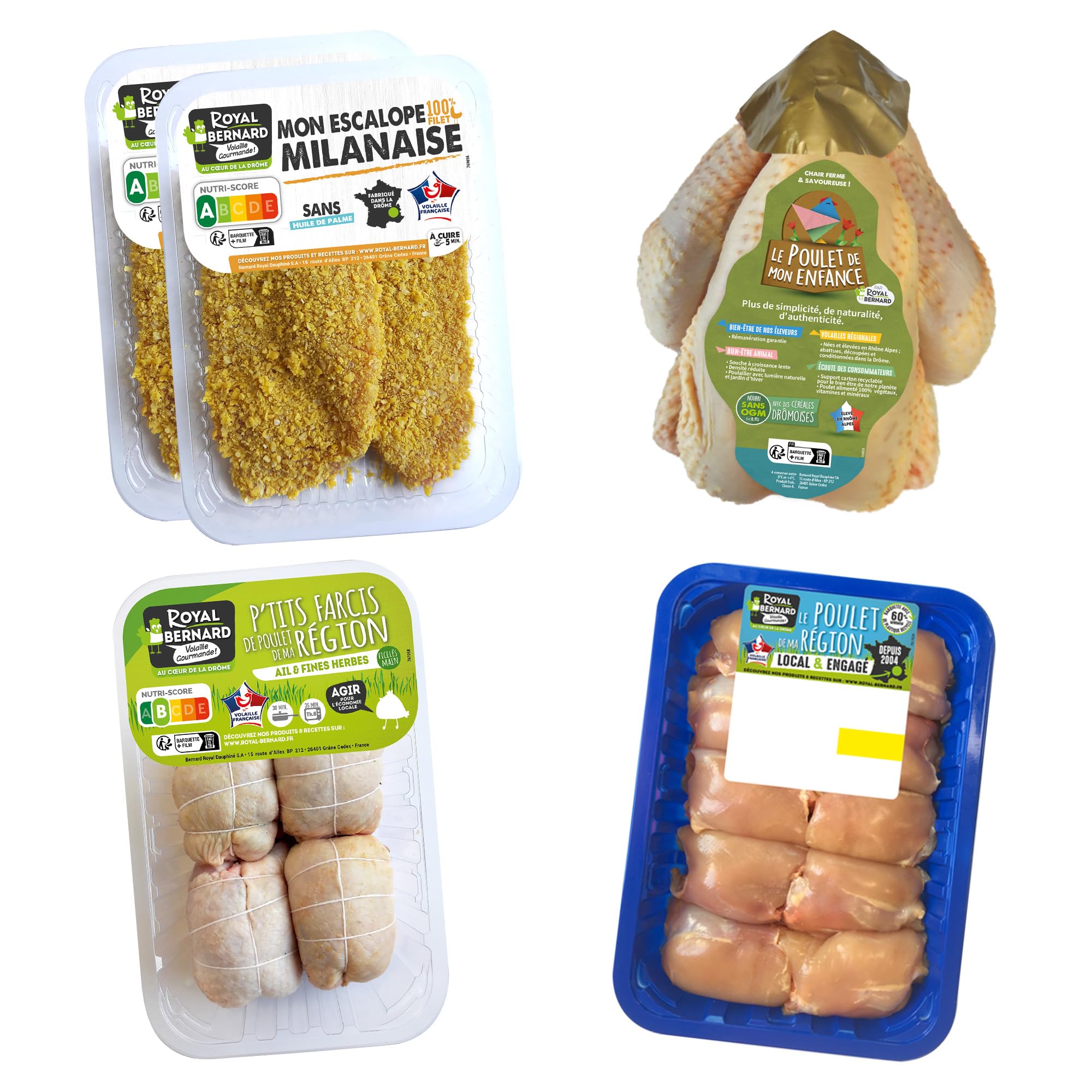 Royal Bernard - Assortiment Chef - Colis de Volaille - 5 Barquettes de 4 Savoureux Produits - 1 Poulet Entier + 4* escalopes de dinde à la milanaise + 4* P’tits Farcis + 1 barquette de sauté de poulet