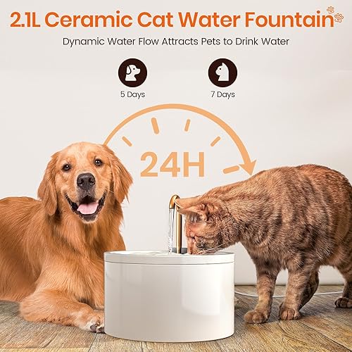 Miniatura 5 de Fuente de agua de cerámica para gatos, 2.1L71 onzas, cuerpo de cerámica y boquilla de agua de cobre puro, fuente automática para beber mascotas para