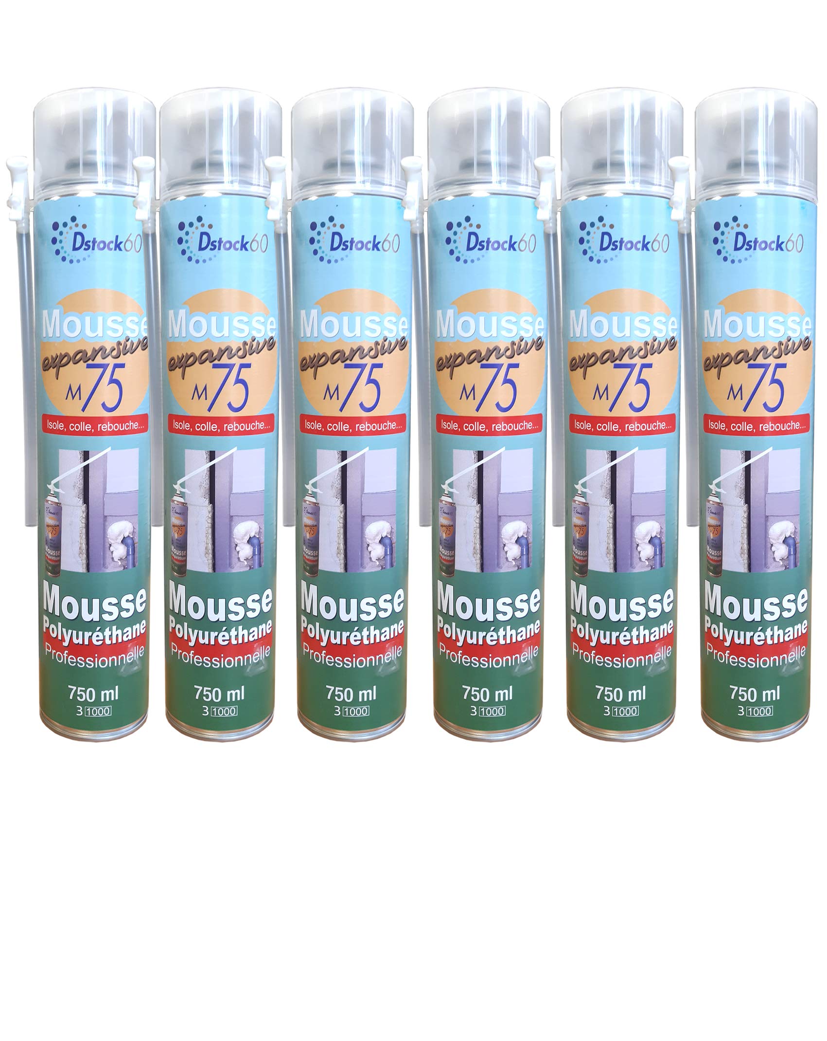 DSTOCK60 - LOT DE 6 MOUSSES EXPANSIVES MANUELLES 750ML - MOUSSE POLYURETHANE PROFESSIONNELLE - ISOLE, COLLE, REBOUCHE - EXTERIEUR ET INTERIEUR