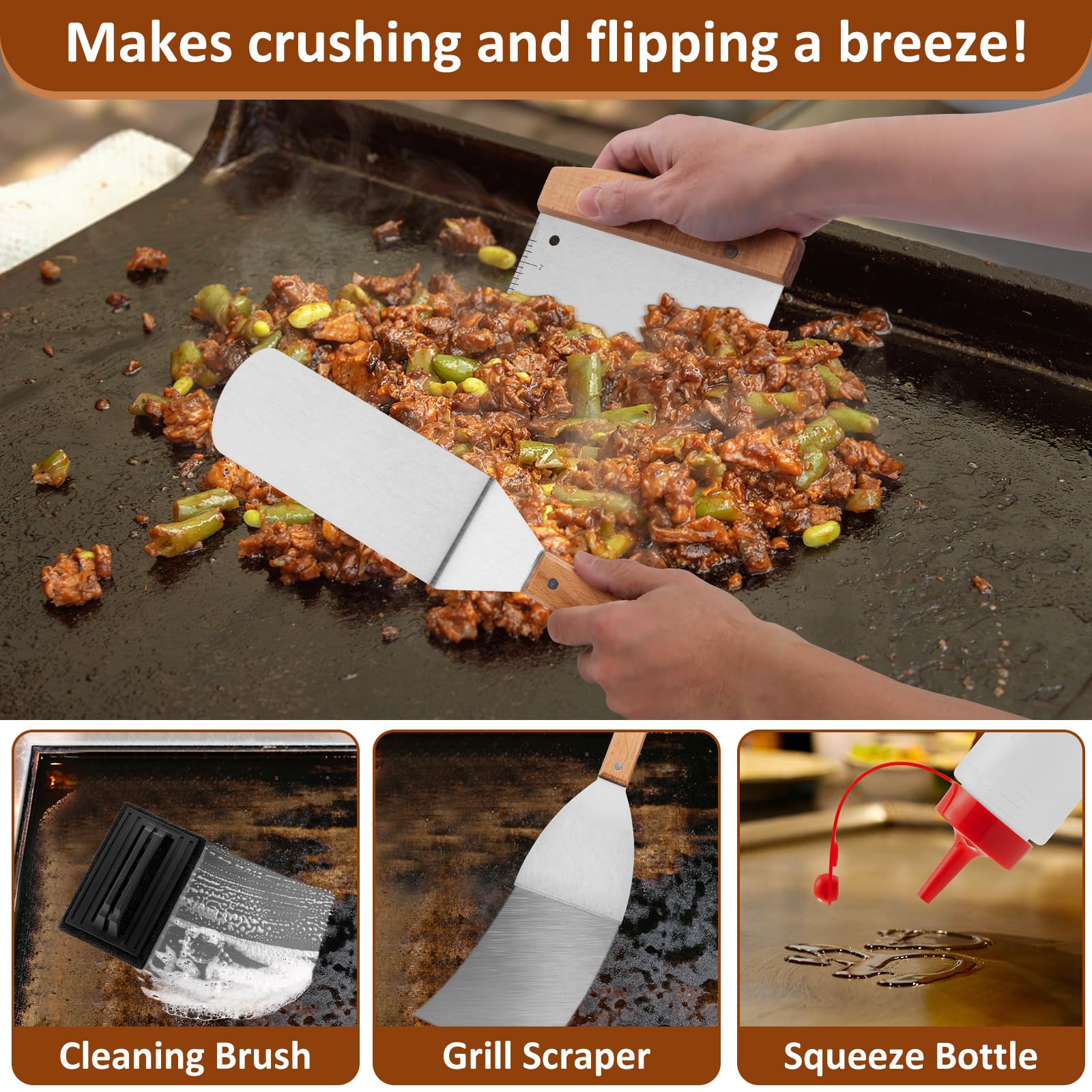 Grillzubehör 25 Stück, Leonyo Flat Top Grillzubehör, Professionelles Grillwerkzeug mit Vergrößertem Spatel Schaber, Backabdeckung, Smash Burger Presse, Tragetasche für Outdoor Grill, Holzgriff