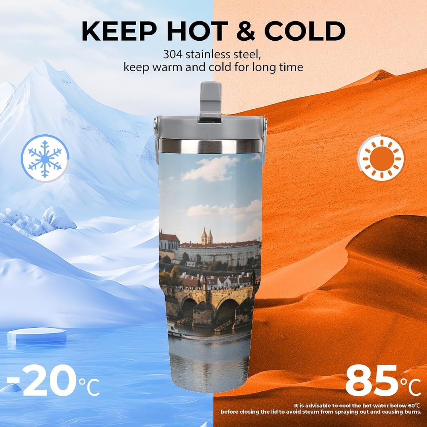 30 Oz Insulated Mug with Handle Lid And Straw Prague Castle Pattern Large Metal Sports Bottle Great for Gifts Parties Office Coffee