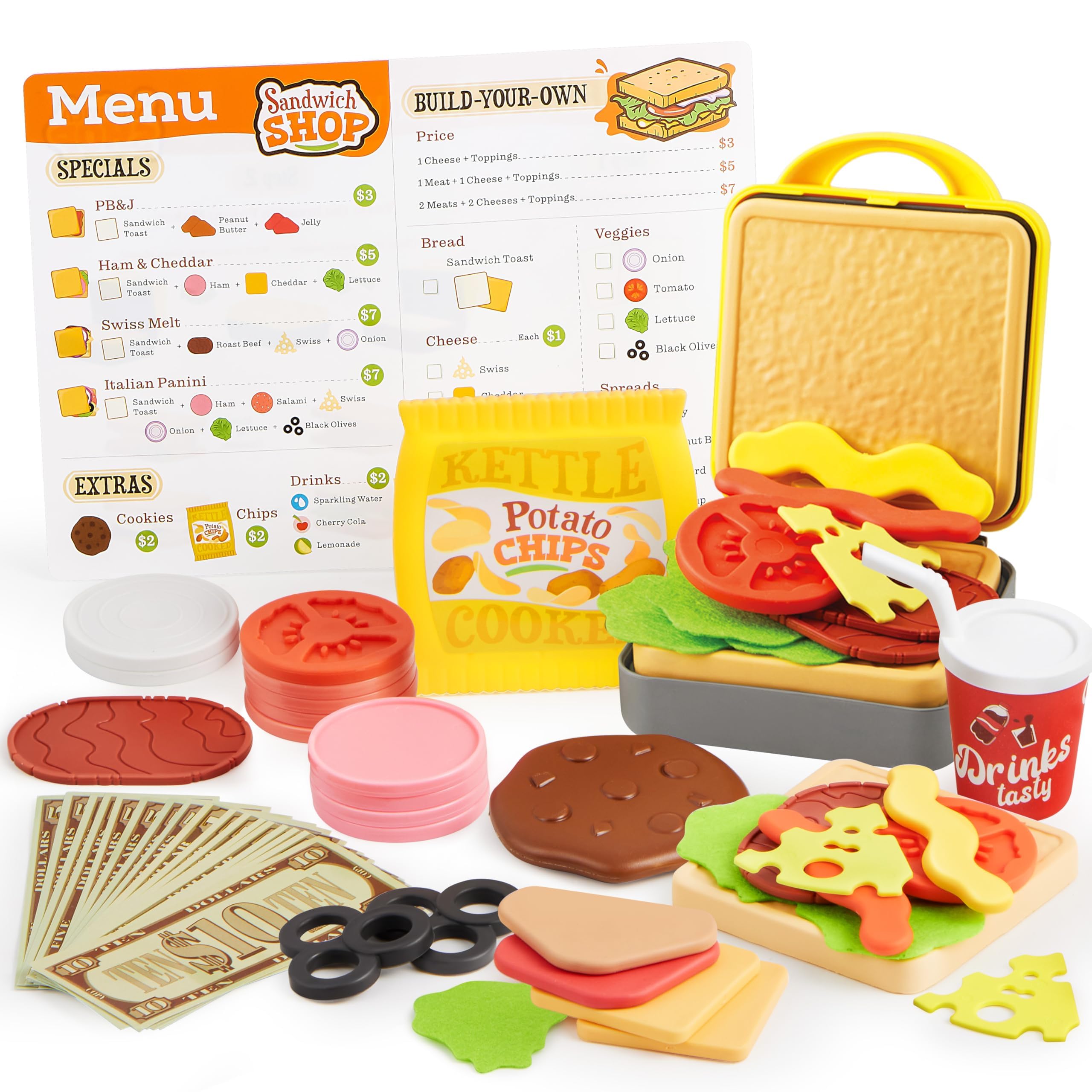 lalalark Play Food Set for 3 4 5 6 Year Old Kids, 35 Pcs Kitchen Accessories, Interactive Panini Sandwich Making with Menu and Play Money, Restaurant Pretend Toy for Girls Boys Birthday Gift