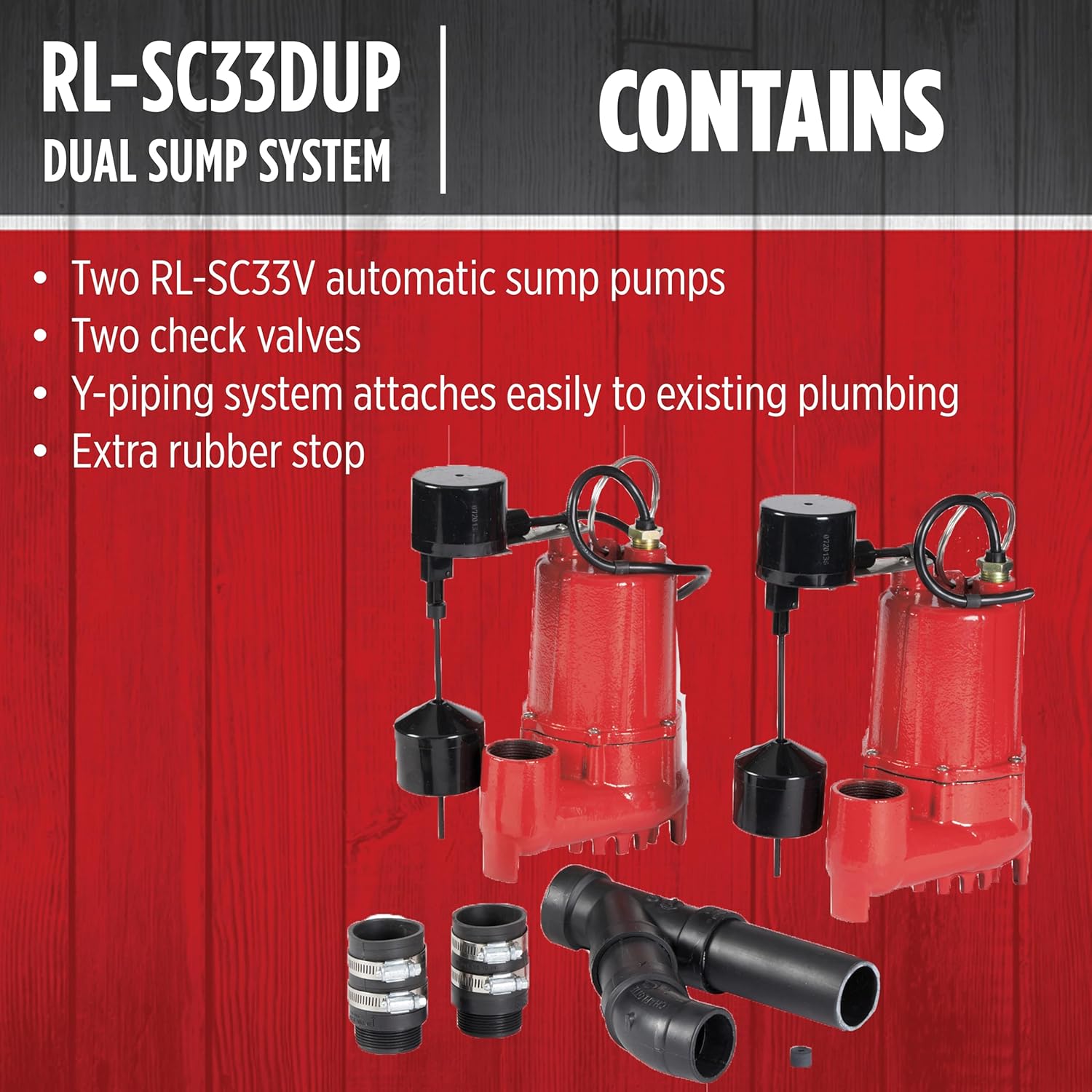 Red Lion RL-SC33DUP 115 Volt, 1/3 HP, 6000 GPH Dual Automatic Cast Iron Sump Pump System with 10-Foot Cord, Red, 14942771