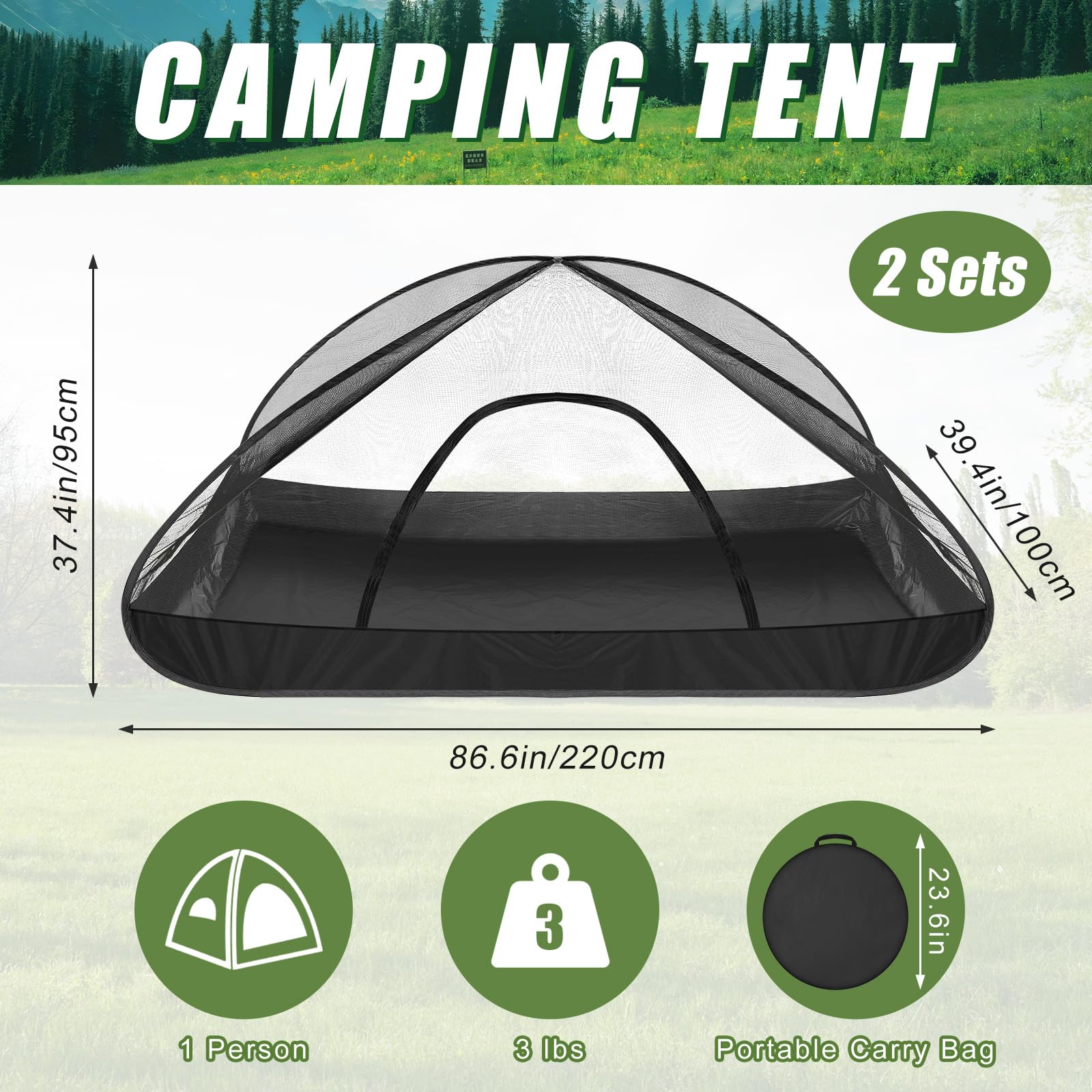 Vincreem 2 Pcs Pop up Mosquito Net Tent for Camping Outdoor 86. 6 x 39. 4 x 37. 4 Inch Foldable One Person Pop Tent Waterproof Freestanding Insect Bug Net for Summer Camps Camping Hiking Outdoor