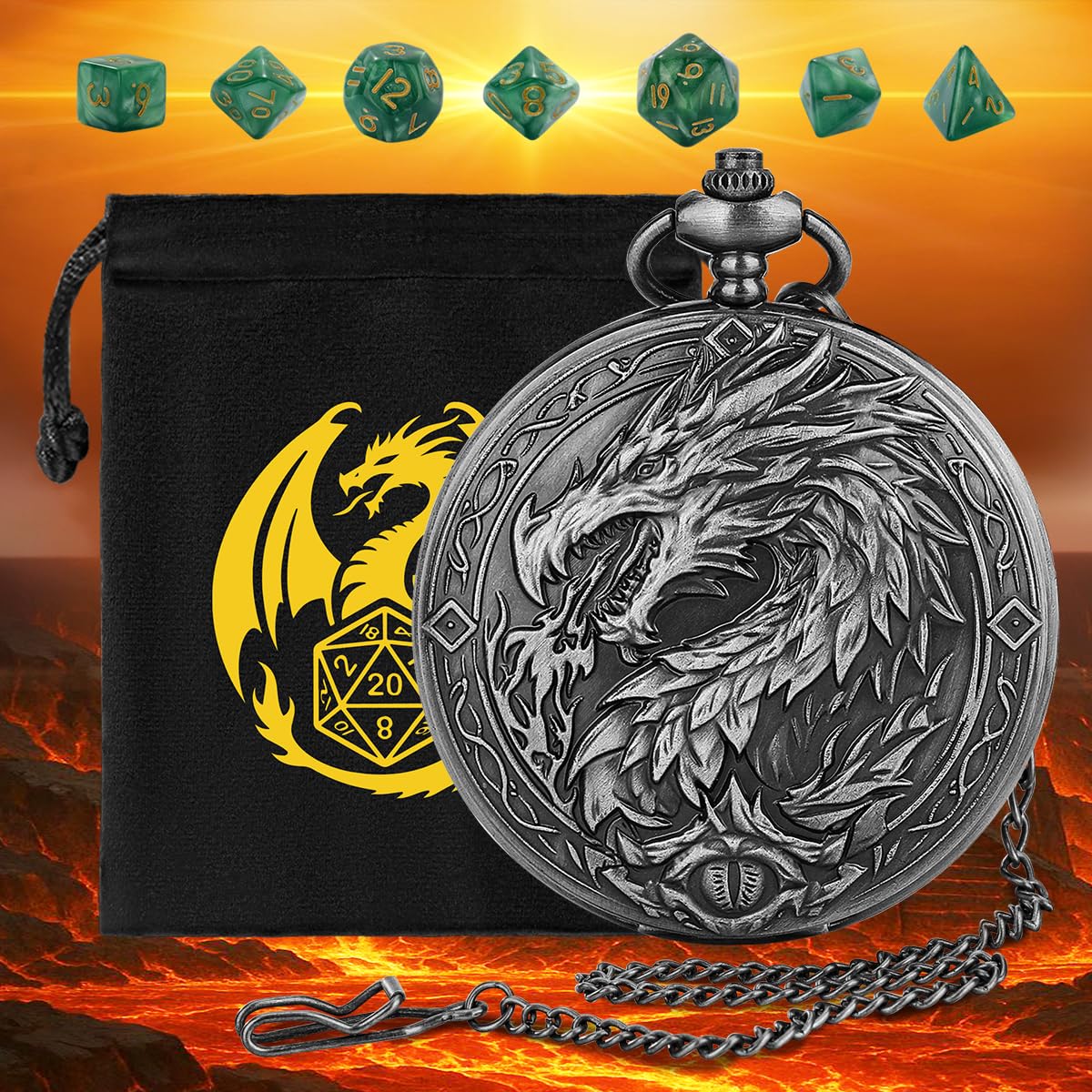 Mini DND Dice Set, 7-Piece Polyhedral Acrylic D&D Dice, with Steampunk Dragon Large Pocket Watch Case - Image 3