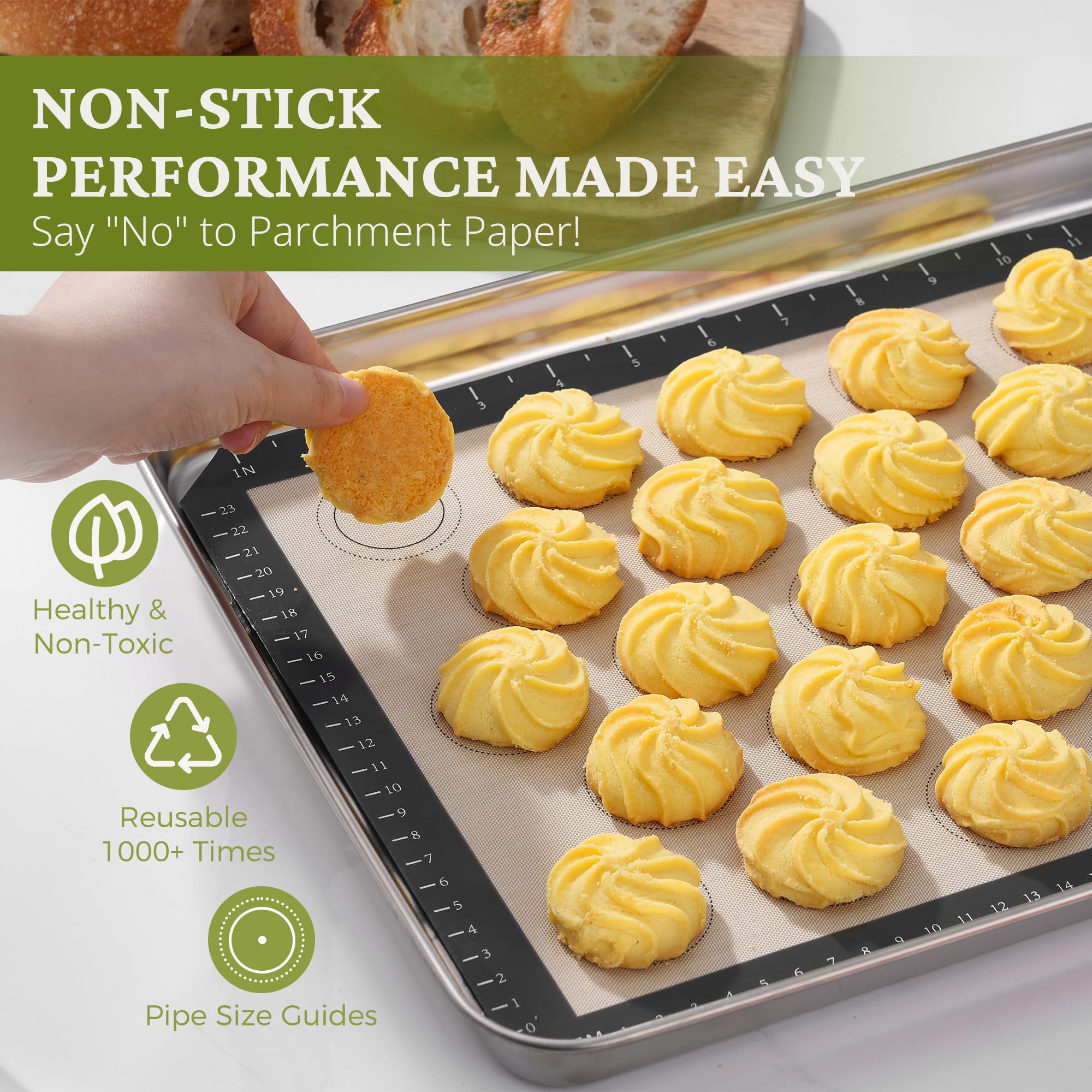 BRONYPRO Juego de bandejas para hornear de acero inoxidable 18/8 (2 | Hojas de galletas sin revestimiento con estante de alambre y alfombrillas de silicona macaron, no tóxicas (libre de PFA y