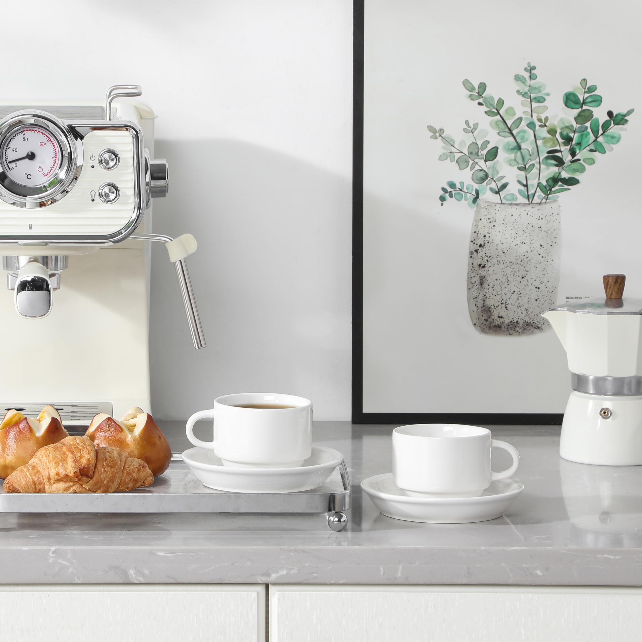 MALACASA Série REGULAR, Lot de 4 Tasses à Café pour 4 Personnes, 150 ml, Service à Café Empilable avec Soucoupe et Support en Métal，Idéal pour Expresso, Cappuccino, Latte, Moka et Thé, Blanc
