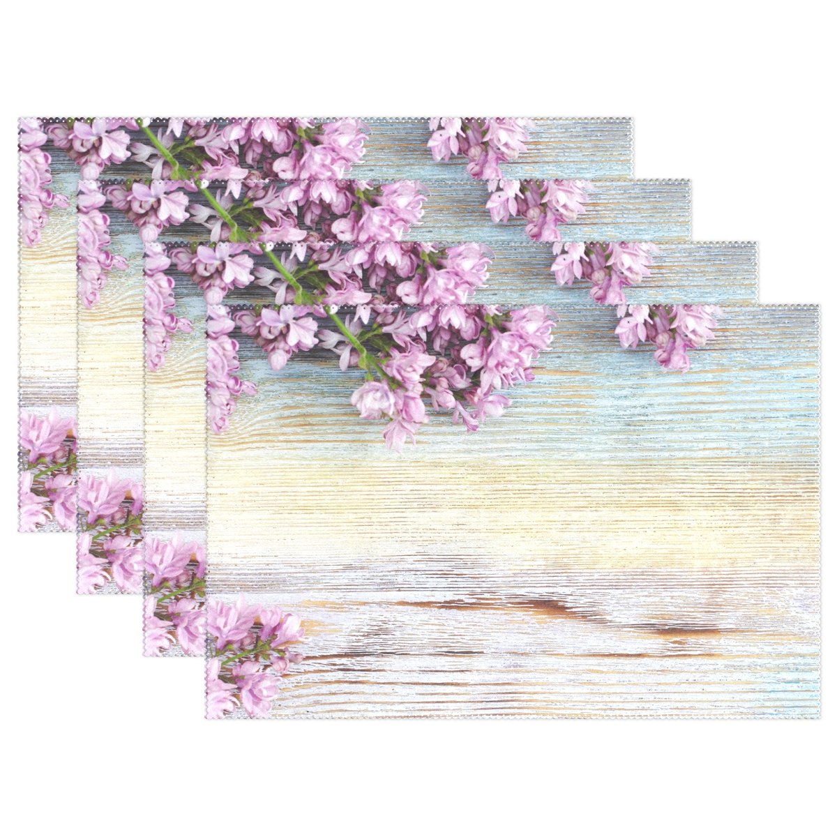 WellLee Lilac Flowers on Wooden Vintage Placemat Set Polyester Plate Holder Table Mats for Kitchen Dining Room,12x18 Inch