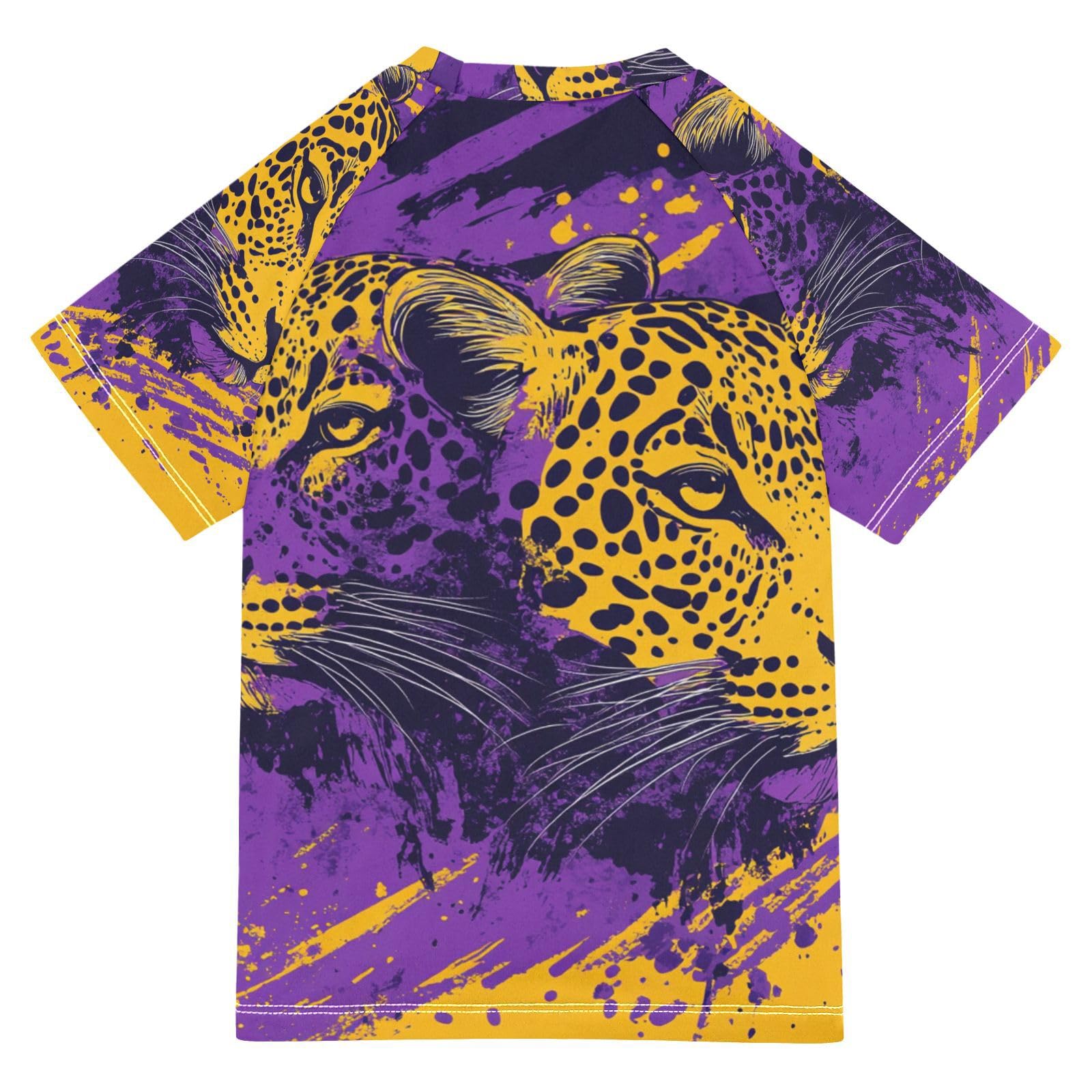 Jucciaco Boys Swimsuit Leopard Graffiti Purple Sunscreen Kids Sun Rashguard Short Sleeve T-Shirts Swimwear Sets UPF 50+