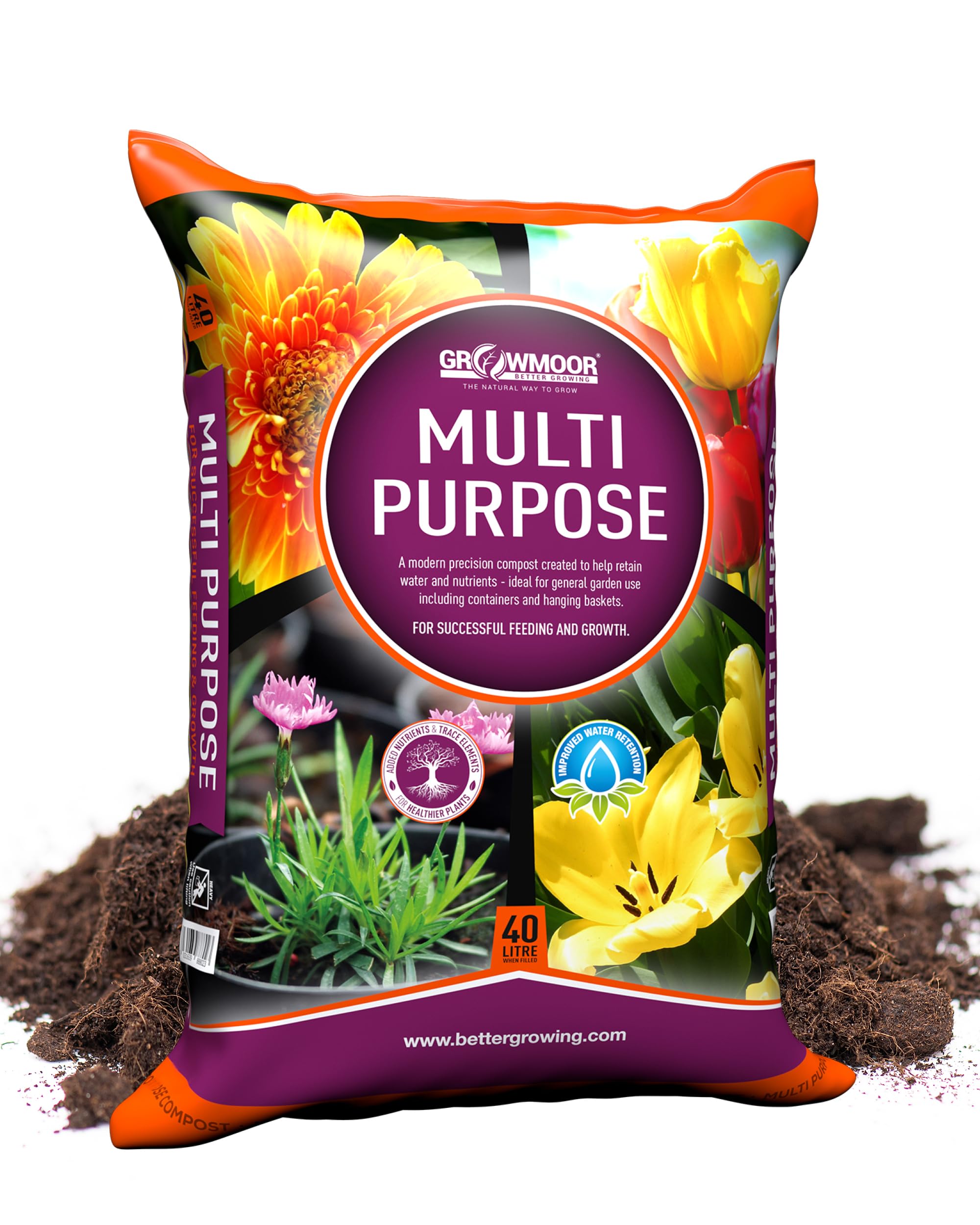 Growmoor Multi-Purpose Compost for Use All Around the Garden – Promotes Healthy Growth, Vibrant Flowers & Strong Roots – 40L