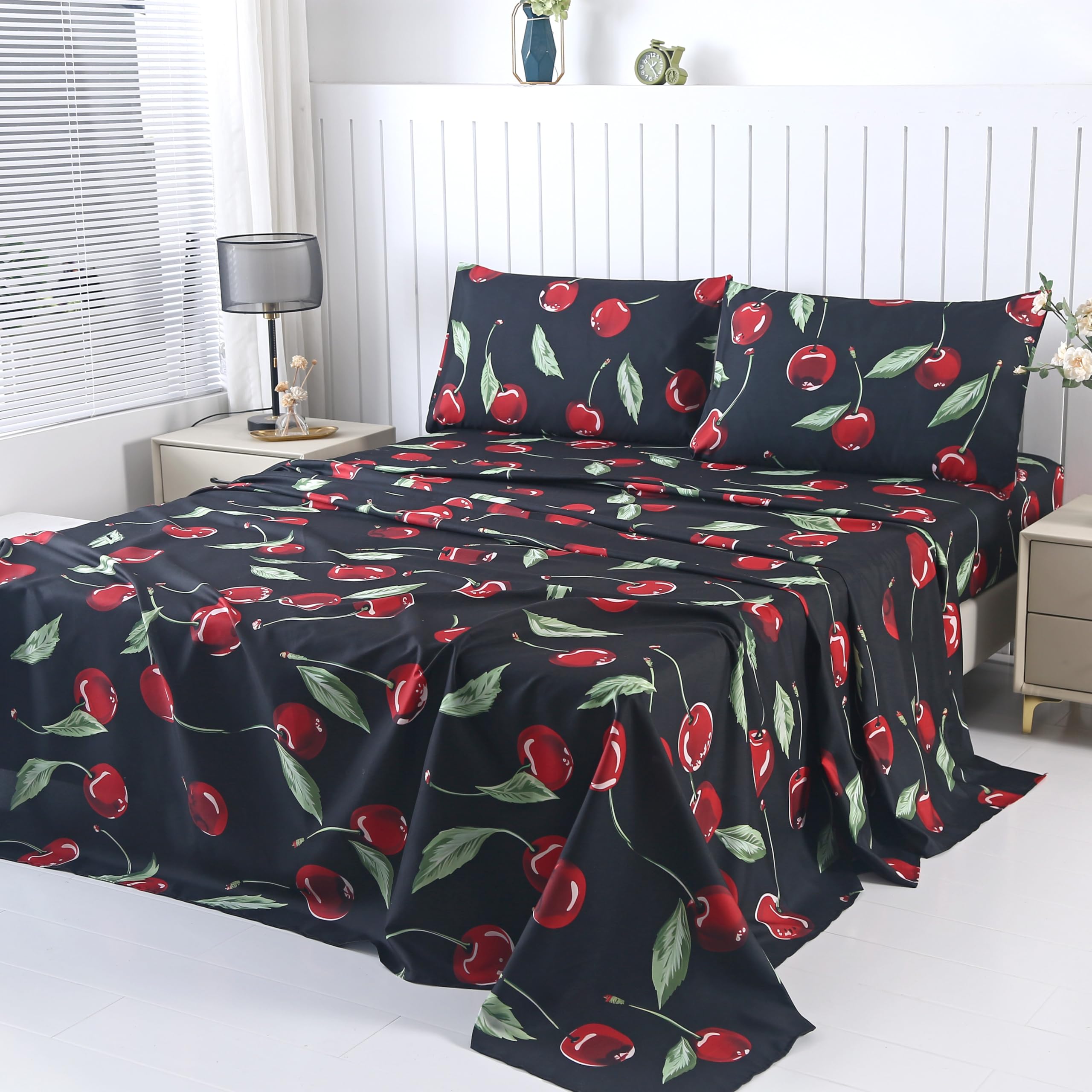 SDIII 4PCS Red Cherry Sheets Set Queen Soft Microfiber Cherry Sheets Queen Cute Fruit Patterns Bed Sheet for