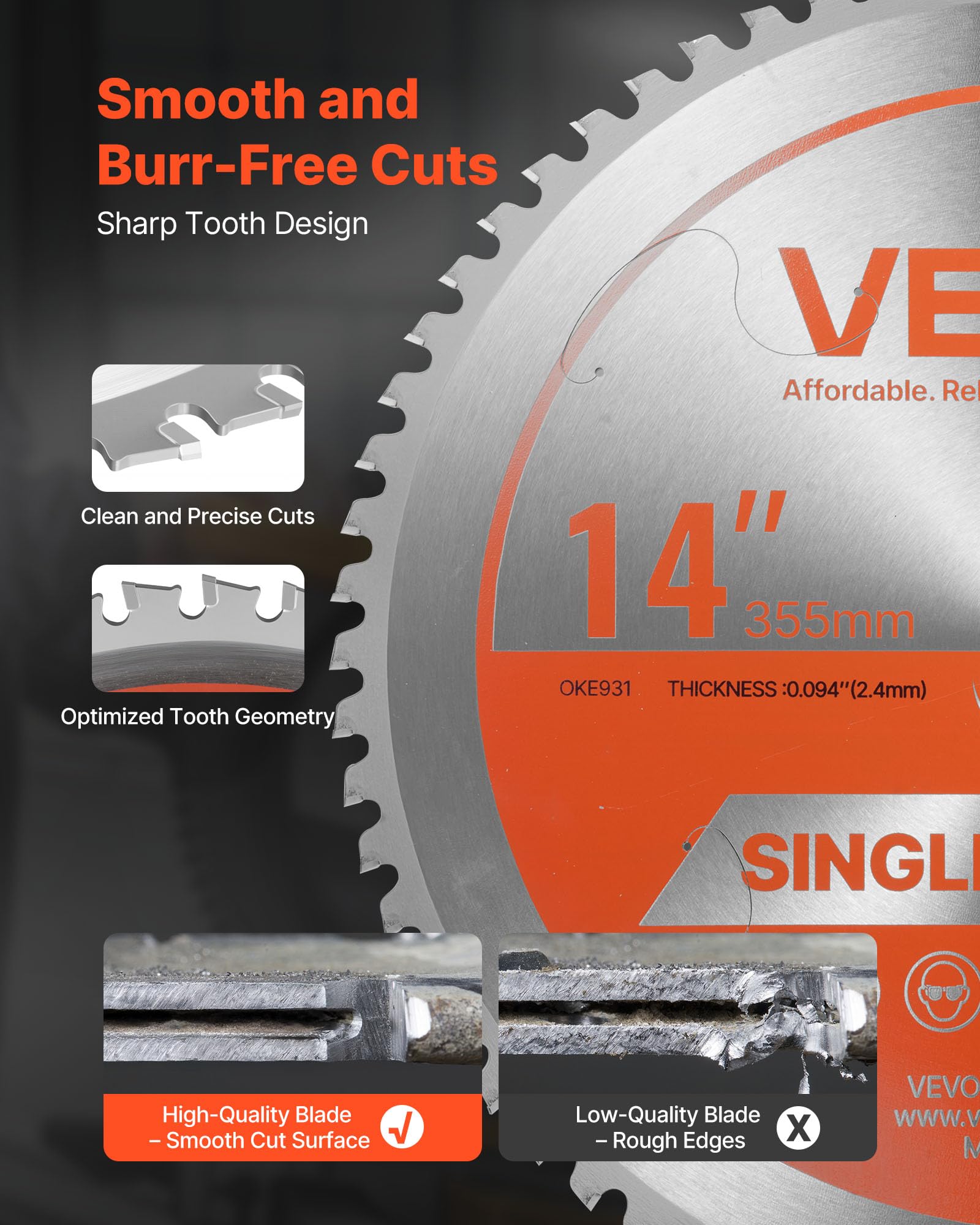VEVOR Lame de scie circulaire, Ø 355 mm, lame de coupe pour scie circulaire, 66 dents alliage, arbre 25,4 mm, finition soignée, avec évents de chauffage antibruit, pour couper aluminium, acier, métal