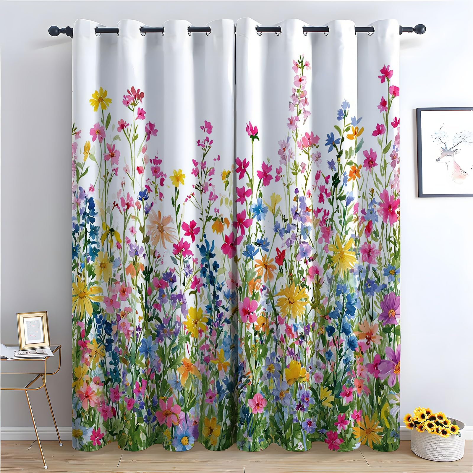 TERUEA Curtains for Bedroom Living Room Contemporary Artistic Landscape Window Treatments, Watercolor mixed wildflower colorful meadow blossom Mountain Curtains-52 W x 84" L (Pack of 2)