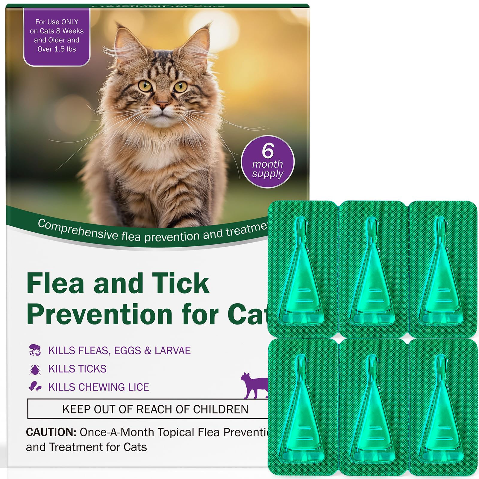 Cat Flea and Tick Prevention &amp; Treatment - Flea and Tick Prevention for Cats, 6-Month Supply, Flea Control, Repellent, Suitable for Cats Over 1.5 lbs, Flea Supplements
