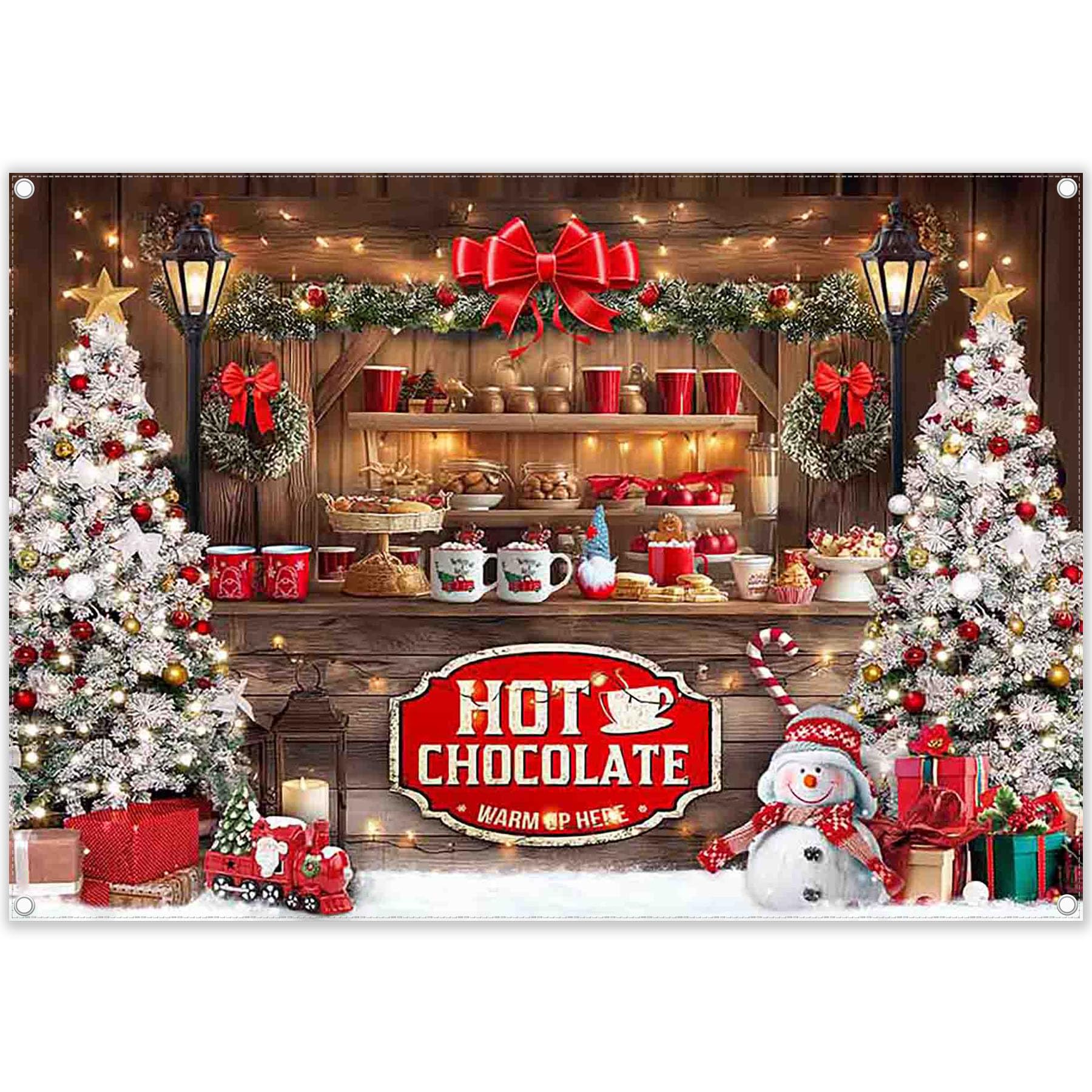 ZTHMOE Fabric 7x5ft Christmas Hot Cocoa Bar Photography Backdrop Wooden Candy Shop Xmas Tree Background Winter Holiday Party Decoration Photo Booth