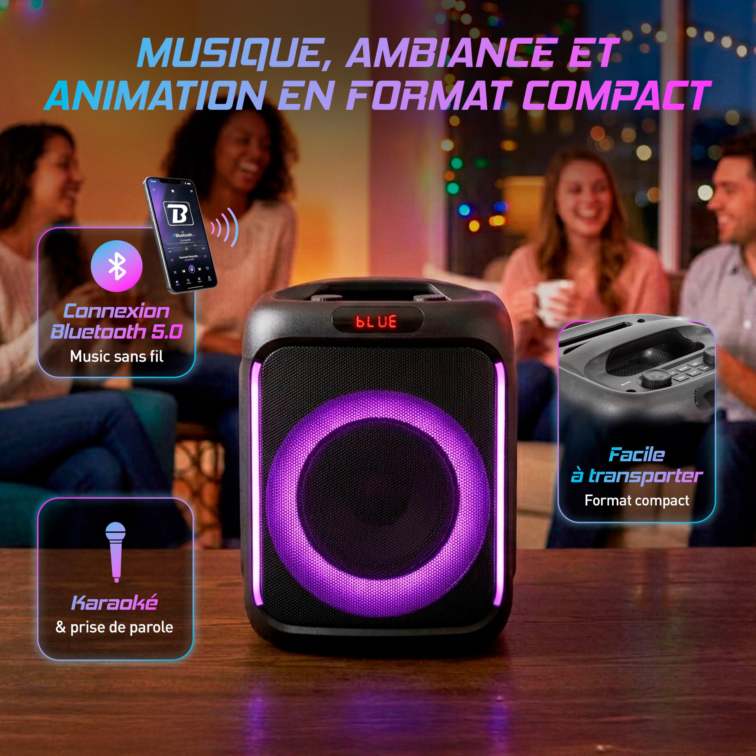 BoomTone DJ Cube 200 - Altoparlante karaoke portatile da 200 W con Bluetooth 5.0, luce LED integrata, lettore USB/SD, batteria ricaricabile al litio, ricarica USB-C, compatta e facile da trasportare.