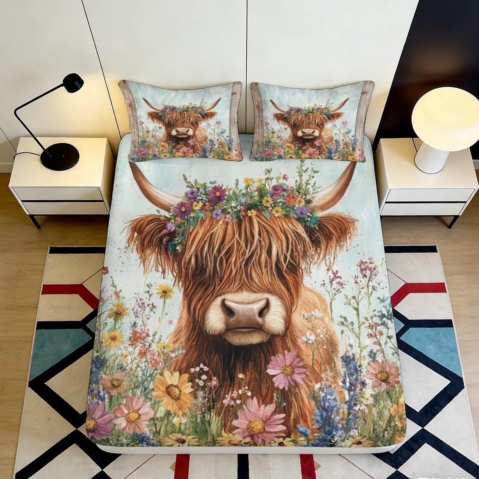 3D Printed Highland Cow Floral Fitted Sheet Microfiber Soft Decor Bedroom Guest Room Mattress Cover 200x200x25cm