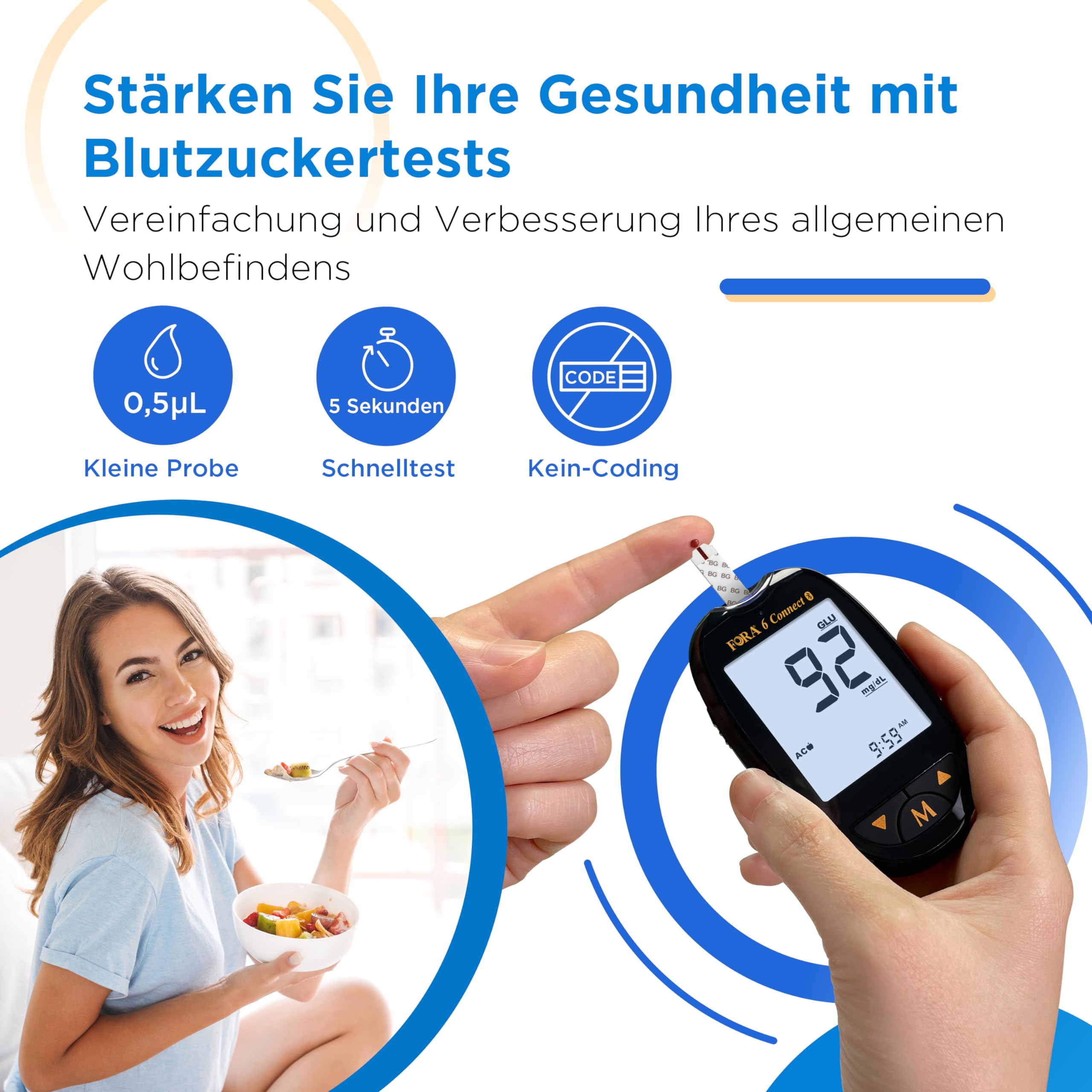 FORA 6 Connect Glucometro Bluetooth – Kit Misuratore Glicemia con 100 Strisce