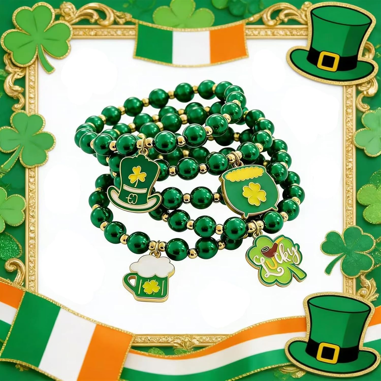 St. Patrick’s Day Green Beaded Bracelets Set for Women, Shamrock & Lucky Charm Stretch Bracelets, Irish Holiday Party Jewelry for Parade, Celebration & Everyday Wear - Image 4
