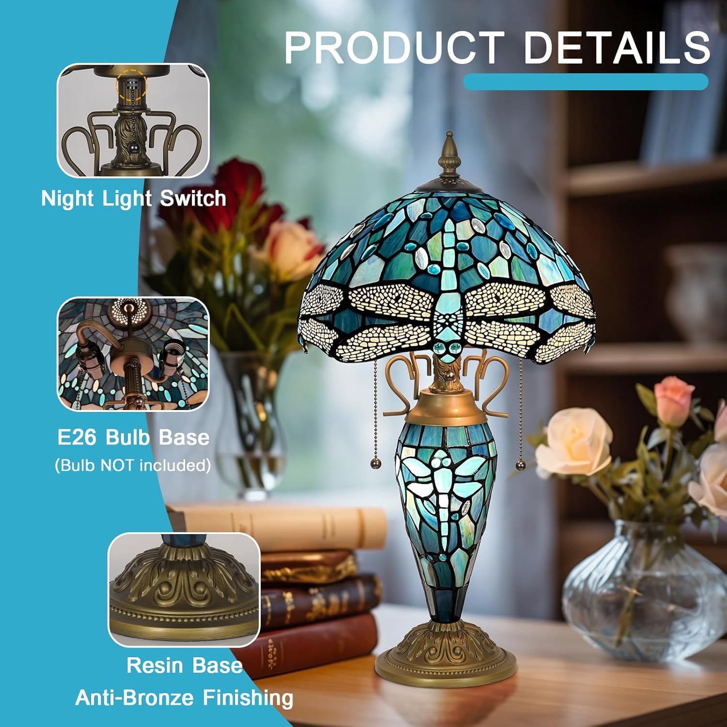 ARTZONE Tiffany Table Lamp with Nighlight [W12''xH24''], Tiffany Table Lights Antique Stained Glass Bedside Table Lamp for Bedside/Desk Reading/Living Room/Home Office/Bedroom(Dragonfly)
