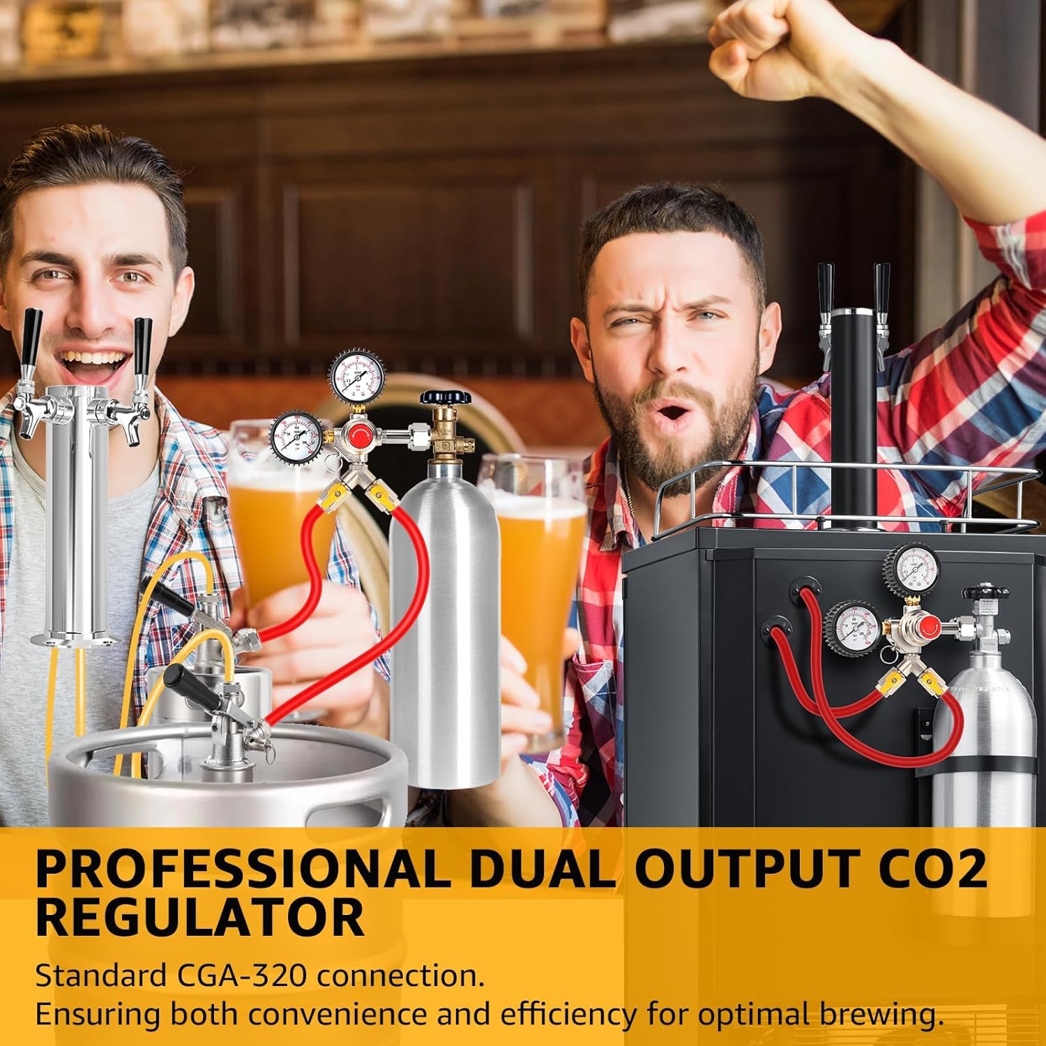 Y-Shaped CO2 Regulator for Kegerator Dual Output CGA-320 Keg Regulator with Safety Valve CO2 Beer Keg Regulator with 0-55PSI Working Pressure