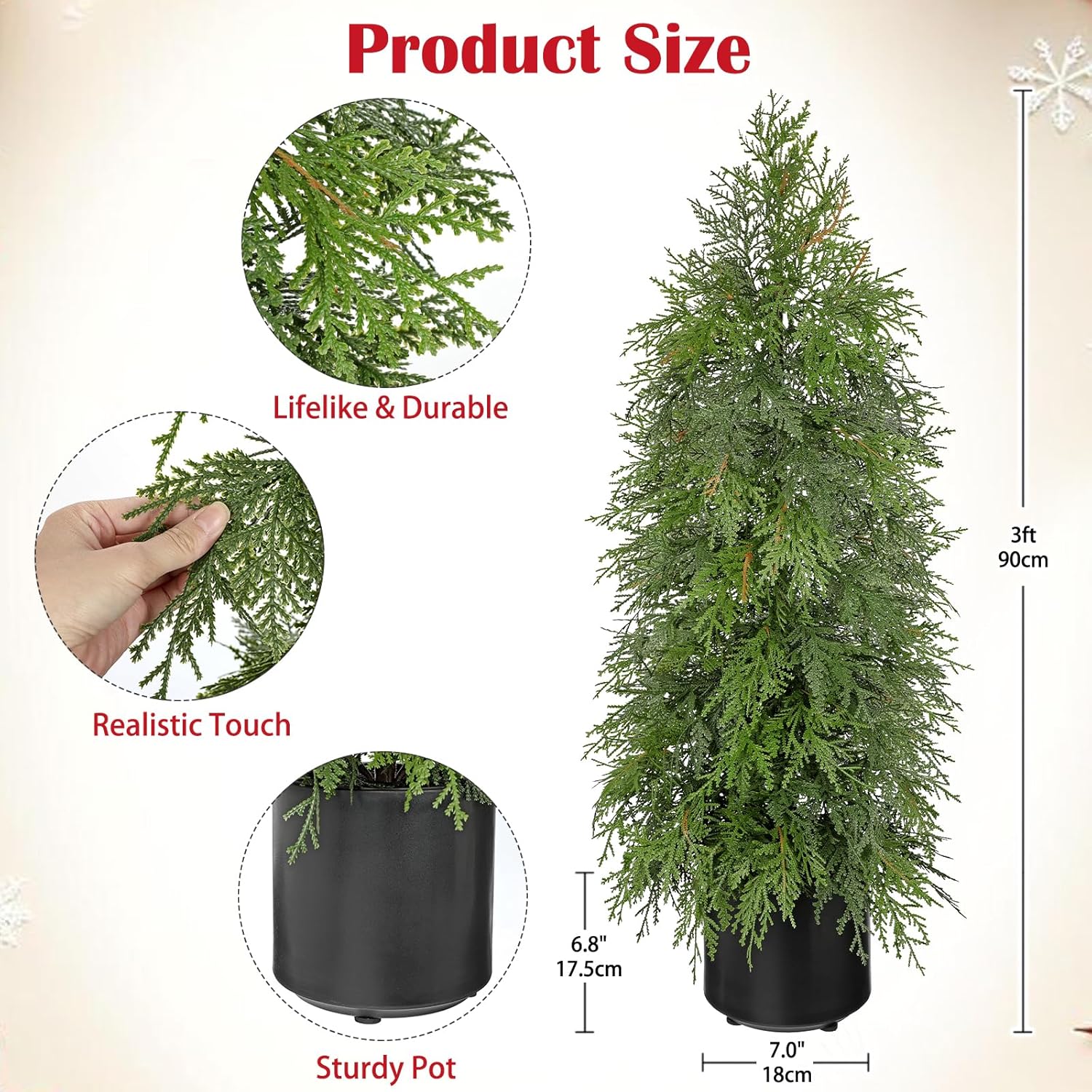 3FT Artificial Cedar Topiary Tree, Real Touch Fake Cedar Topiary Tree Potted Plants for Home Office Front Porch Garden Entryway Indoor Outdoor Evergreen Decor - Image 3