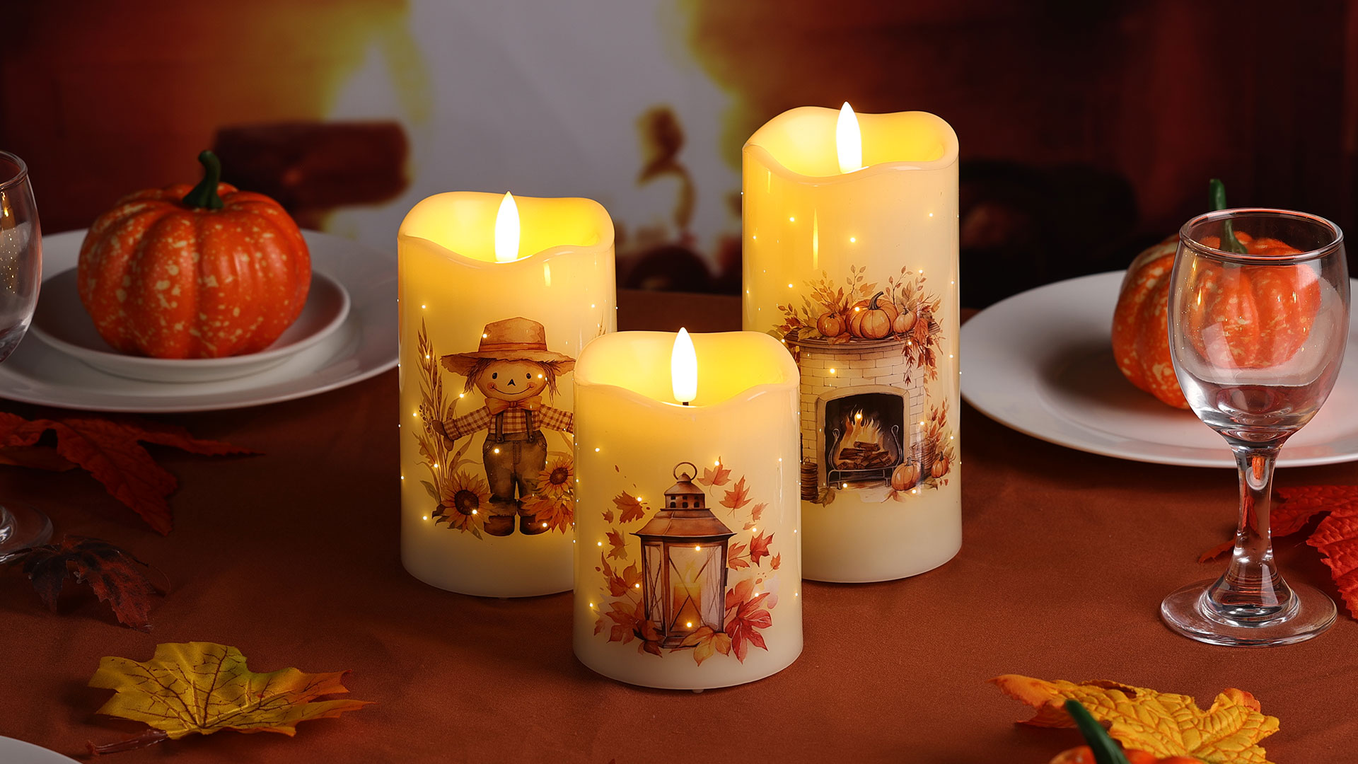 Image of Eywamage Fall Fiber Optic Flameless Pillar Candles with Remote Timer, Flickering Pumpkin Maple Leaves LED Battery Candles Autumn Harvest Home Table Decor Set of 3