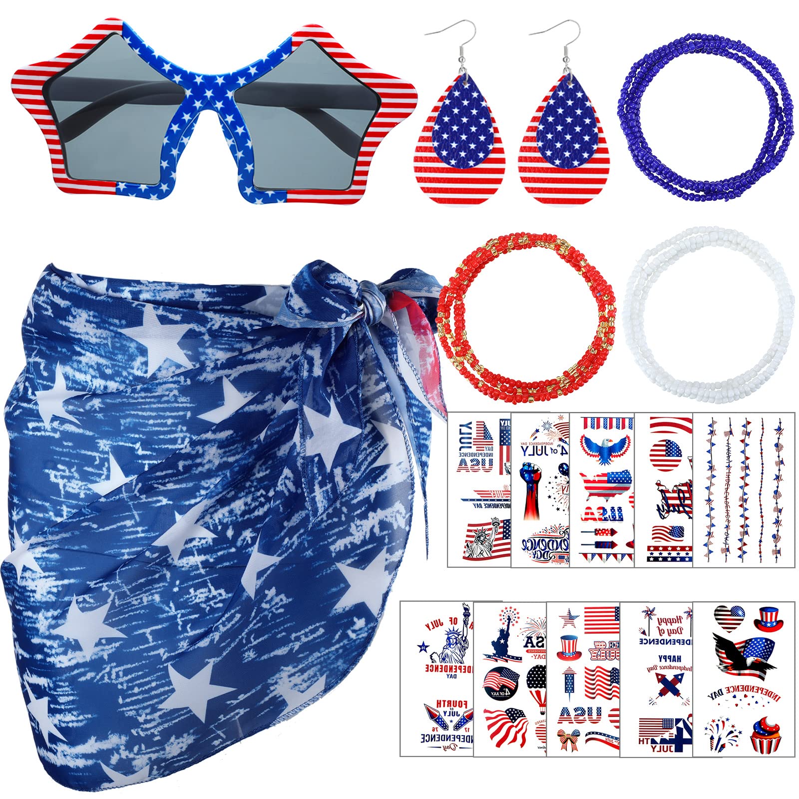 16 Pcs Independence Day Costume, Include Swimsuit Cover Ups Bikini Wrap Skirt, 4th of July Temporary, Waist Beads Chain Belly Body Chain, American Flag Sunglasses, Flag Dangle Earrings, one size