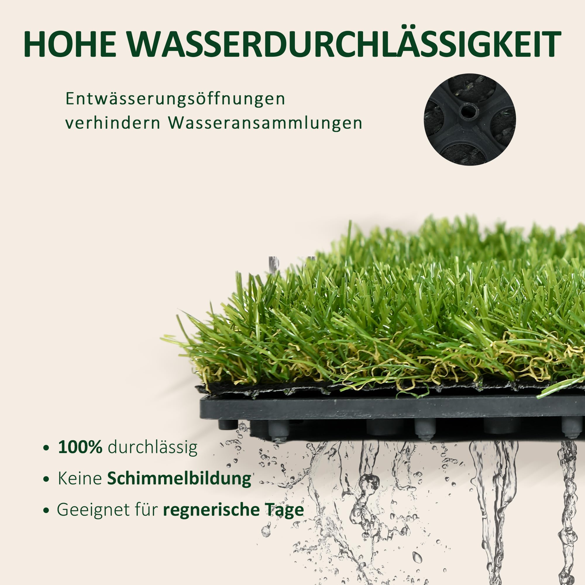 Outsunny Kunstrasen 10 Stücke wetterfest Rasenteppich 25mm Outdoor Kunstrasenteppich Balkonteppich für Garten Balkon Terrasse 30 x 30cm Dunkelgrün
