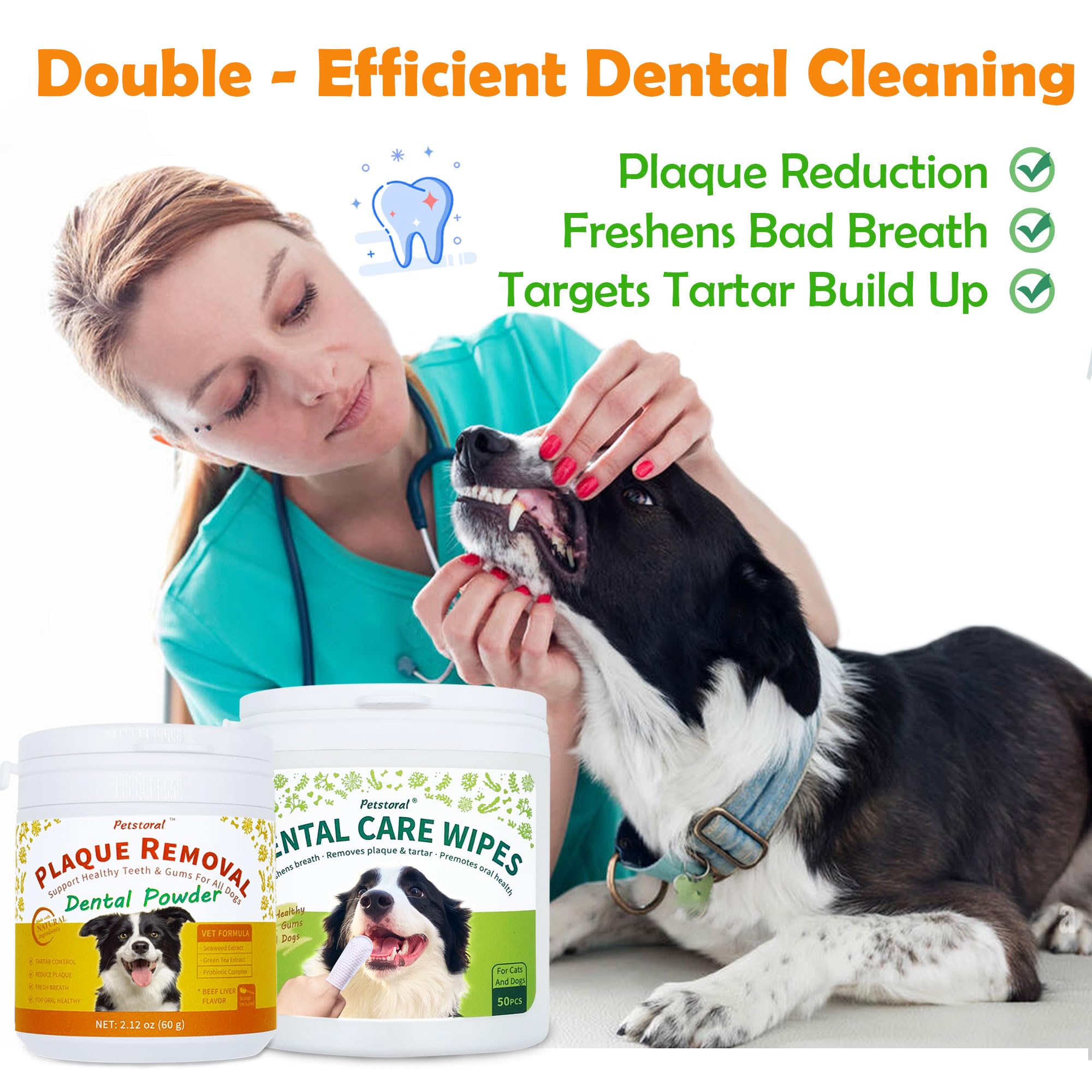 Kit de limpieza dental, toallitas para el cuidado dental para limpiar la placa en la superficie de los dientes, polvo dental con sabor a hígado de res con probiótico para resolver problemas orales