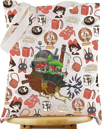 WZMPA Kikis Anime Tote Bag Kiki & Jiji Fans Gift Black Cat Jiji Reusable Grocery Bag Magical Gil Kiki Merchandise
