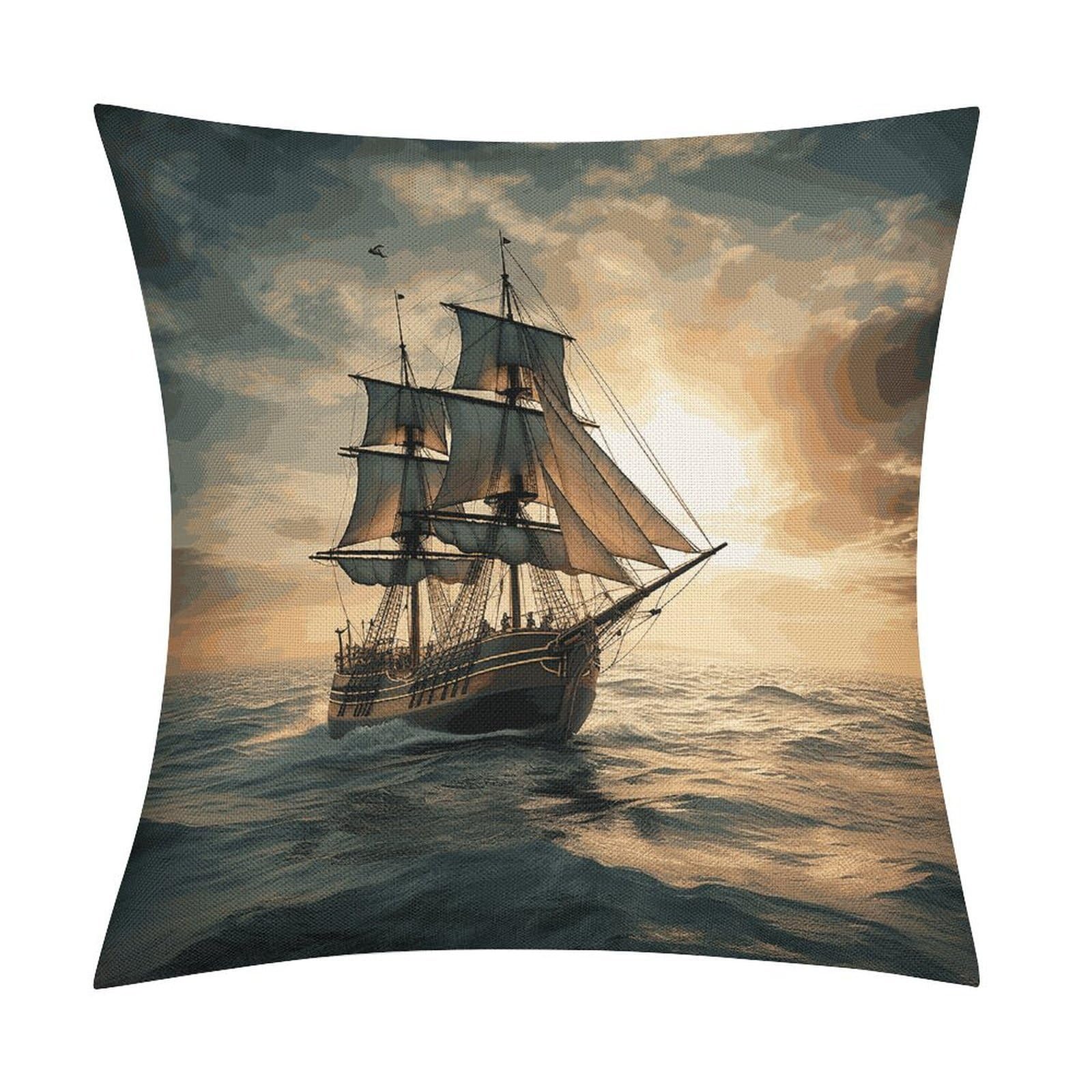 Adfgyerh Style Ship Sailing Alone Pillow Covers Soft And Comfortable Invisible Zipper ，Home Decor 18X18 Inch Edging Technology，Throw Pillow Covers For Couch Sofa Bedroom Living Room.